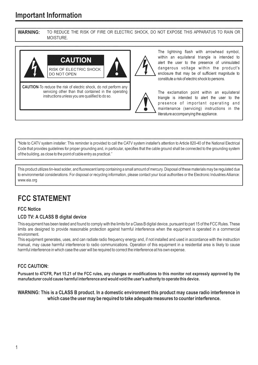 Polaroid FLM-3201 manual Importantinformation, FCC Caution 