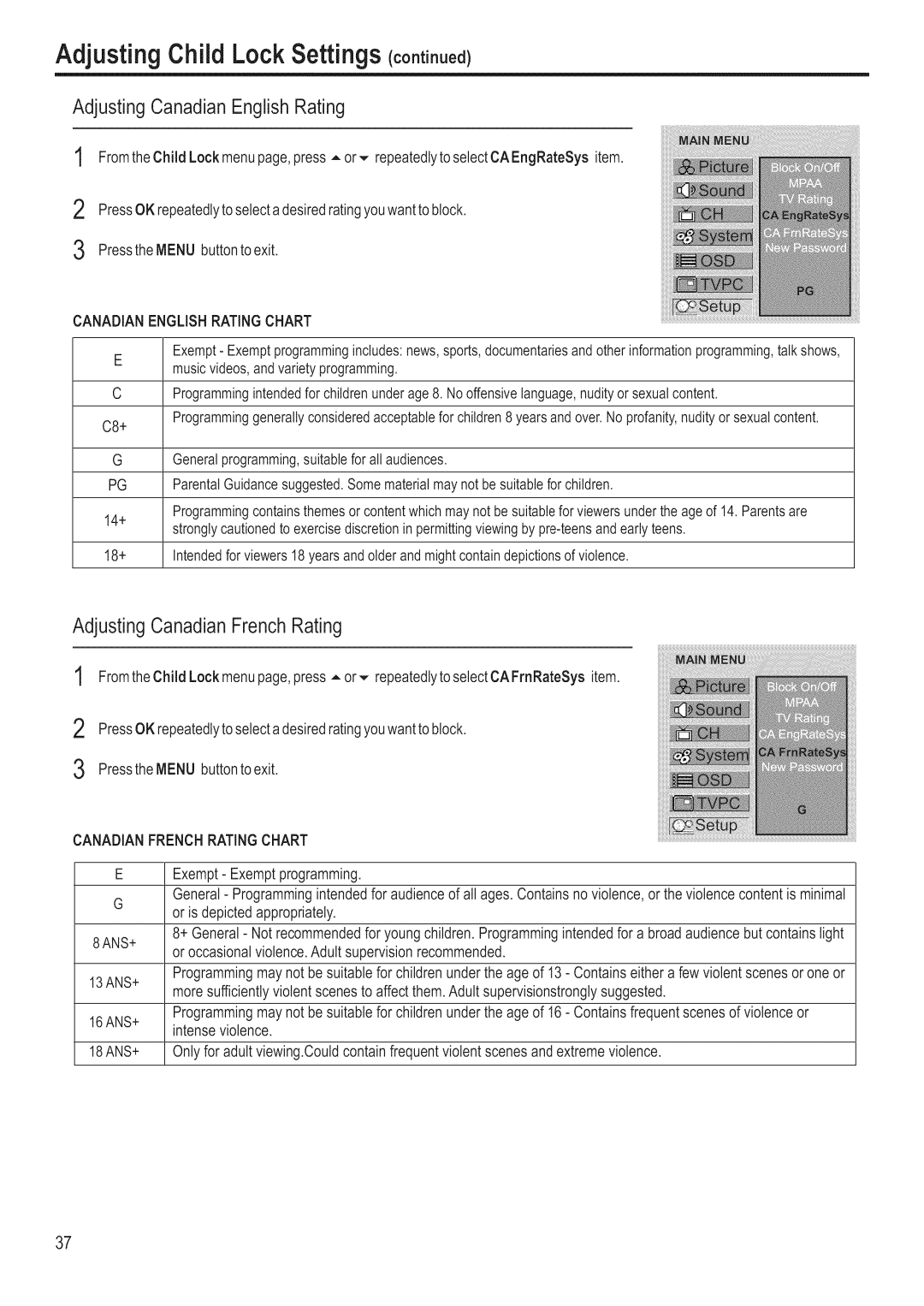 Polaroid FLM-3201 Adjusting Child LockSettingscoot ooe¢, Adjusting CanadianFrench Rating, Canadian Englishratingchart 