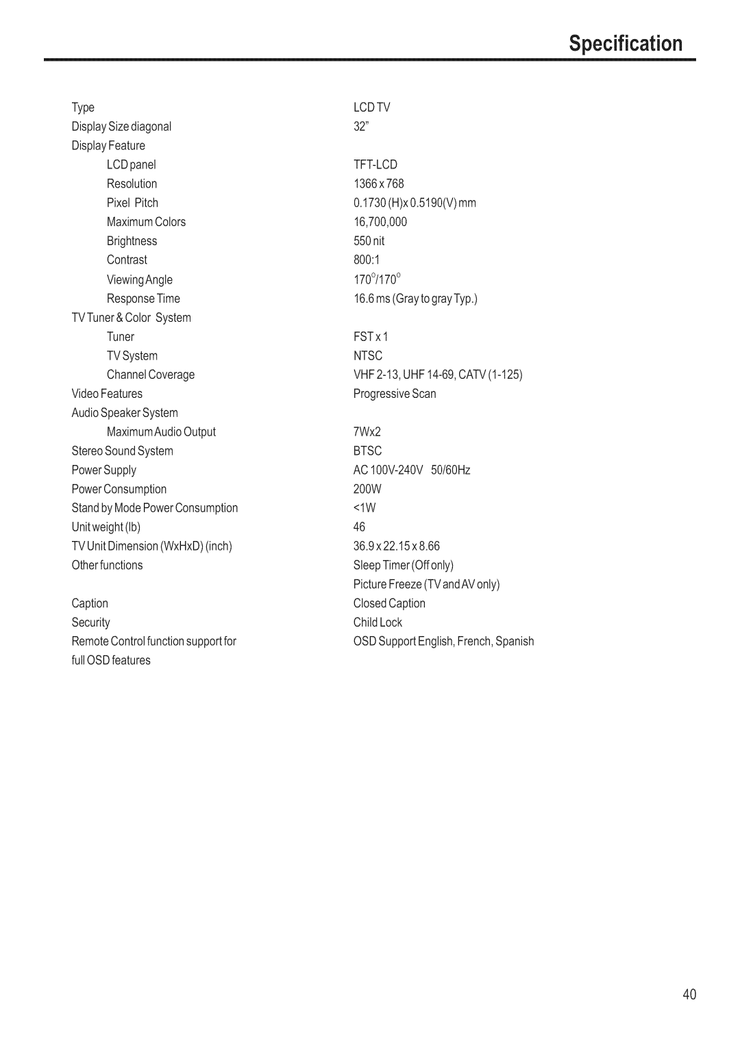 Polaroid FLM-3201 manual Specification, Lcdtv, Tft-Lcd, Ntsc, Btsc 