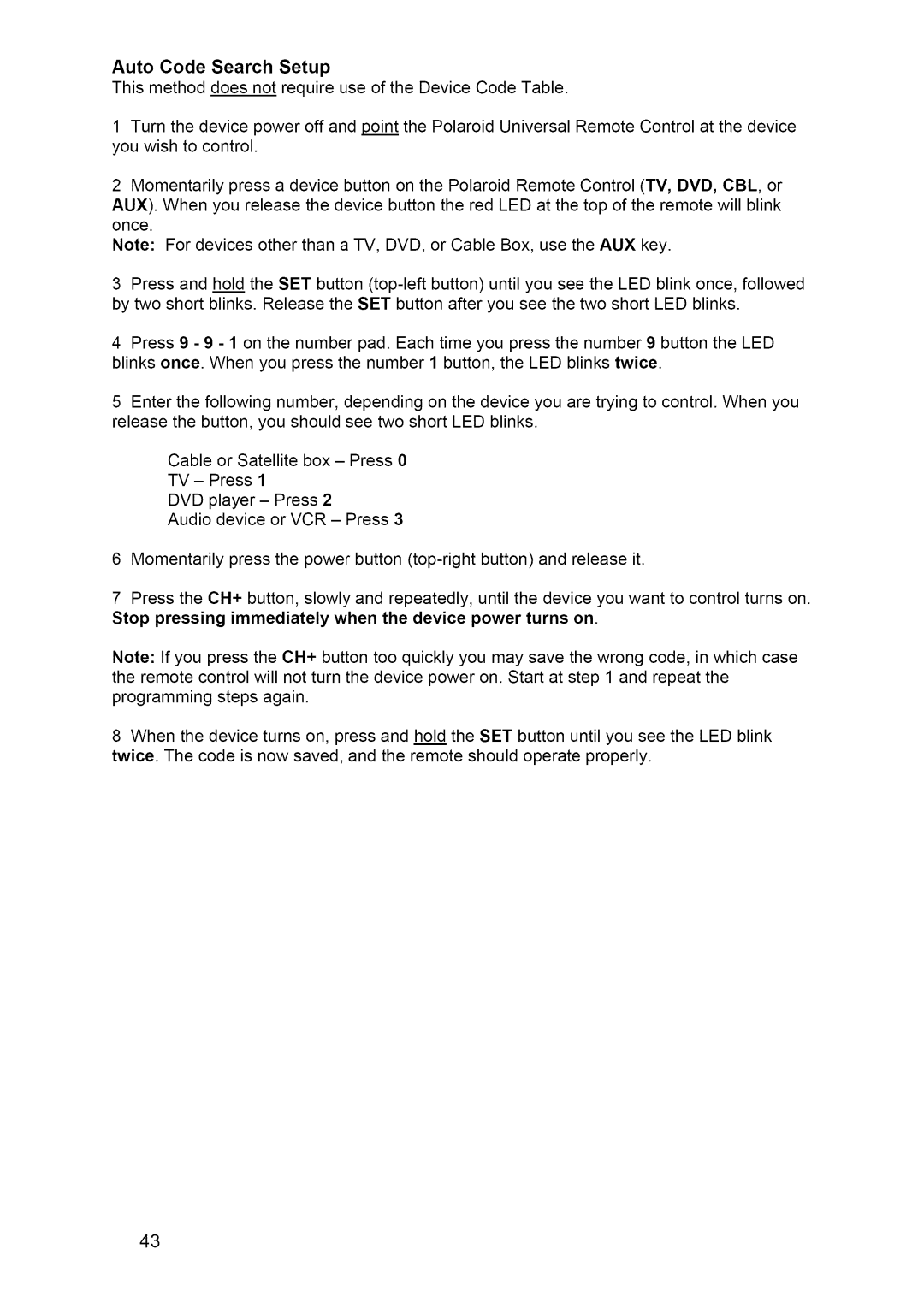 Polaroid FLM-3201 manual Auto Code Search Setup, Thismethoddoes not require use of the Device Code Table 