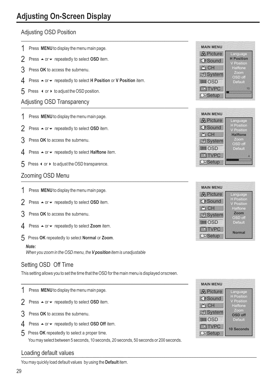 Polaroid FLM-3201 manual AdjustingOn-ScreenDisplay, Adjusting OSDTransparency, ZoomingOSD Menu, Setting OSD Off Time 