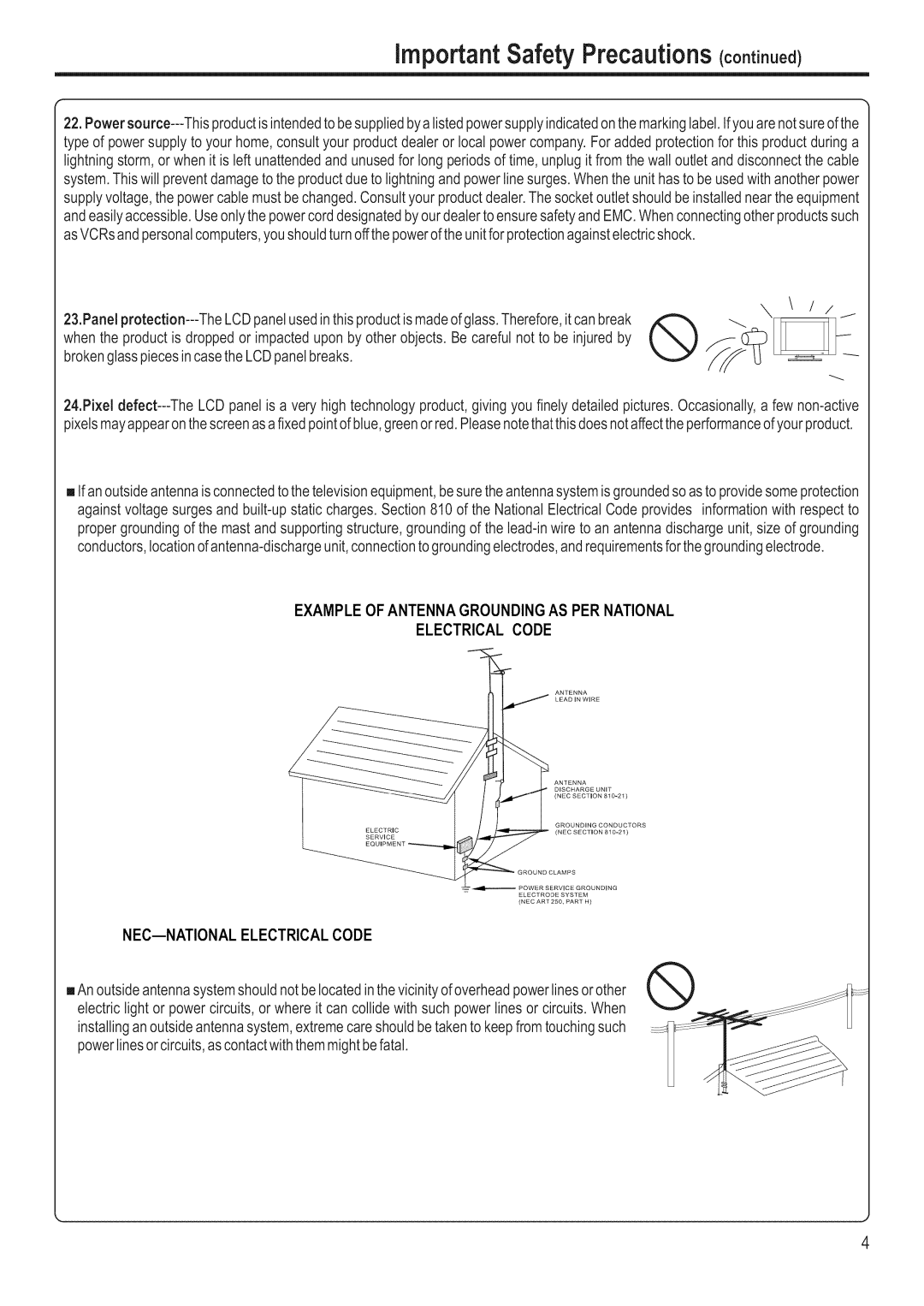 Polaroid FLM-3201 manual importantSafetyPrecautions, Example Of Antenna Grounding As Per National Electrical Code 