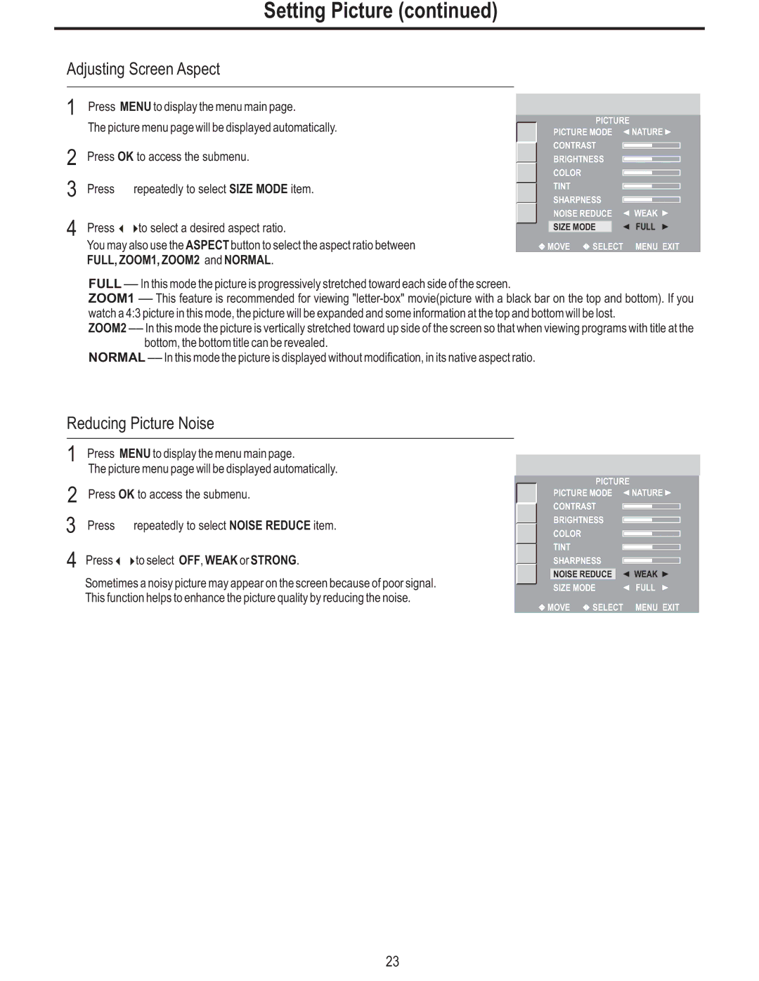 Polaroid FLM-3225 manual Adjusting Screen Aspect, Reducing Picture Noise, Press repeatedly to select Size Mode item 