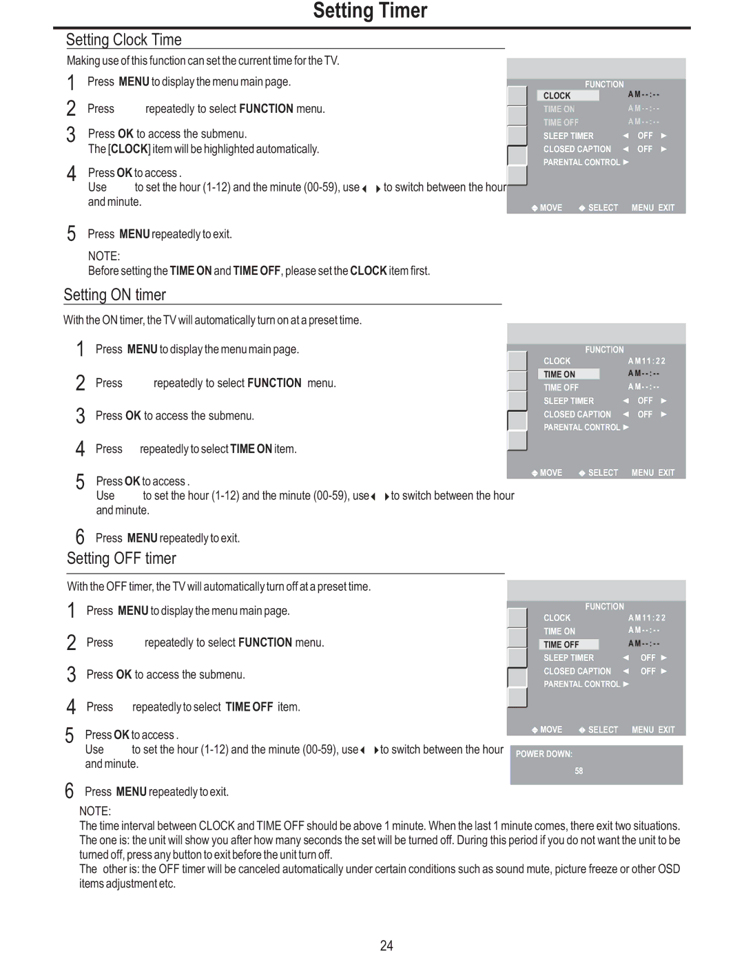 Polaroid FLM-3225 manual Setting Timer, Setting Clock Time, Setting on timer, Setting OFF timer 