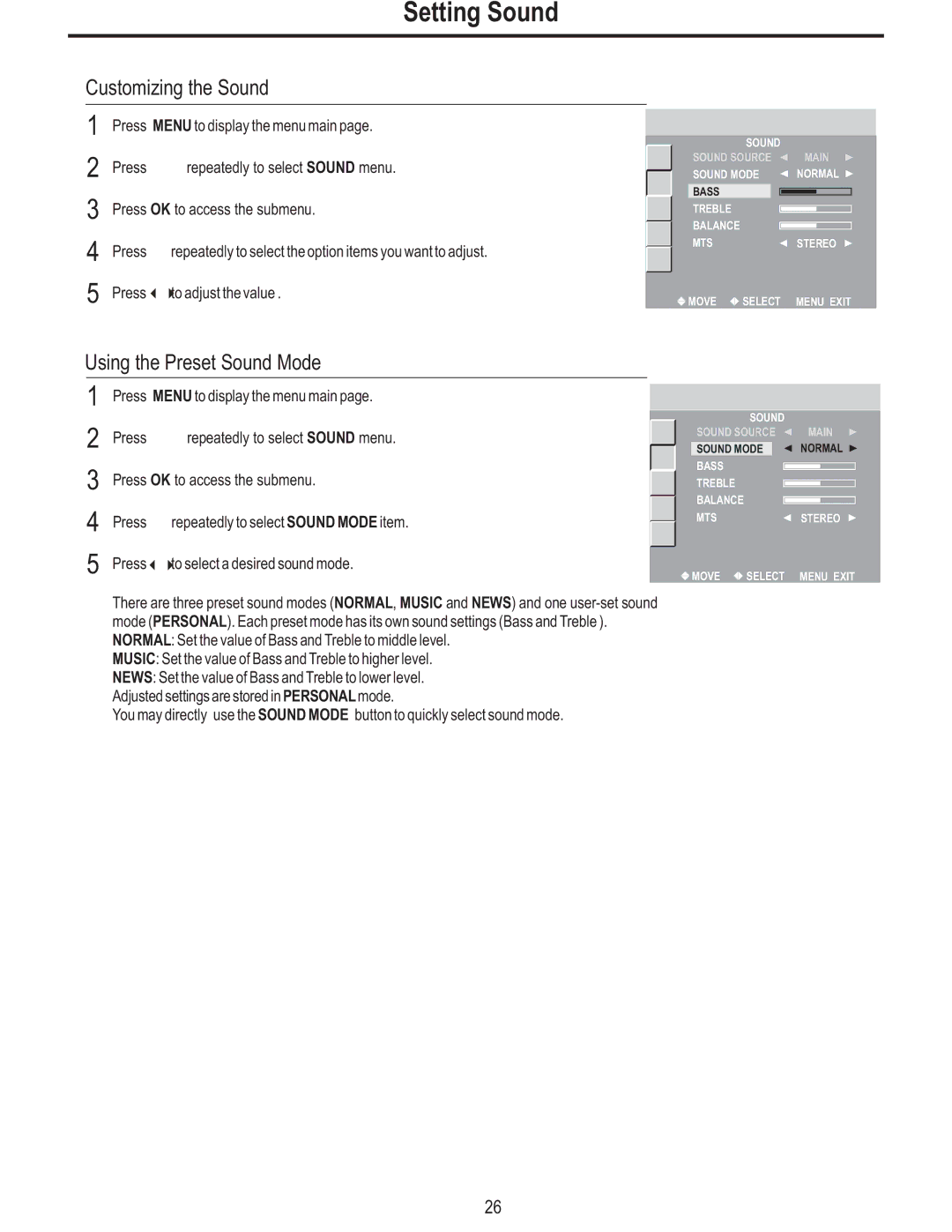 Polaroid FLM-3225 Setting Sound, Customizing the Sound, Using the Preset Sound Mode, Press repeatedly to select Sound menu 