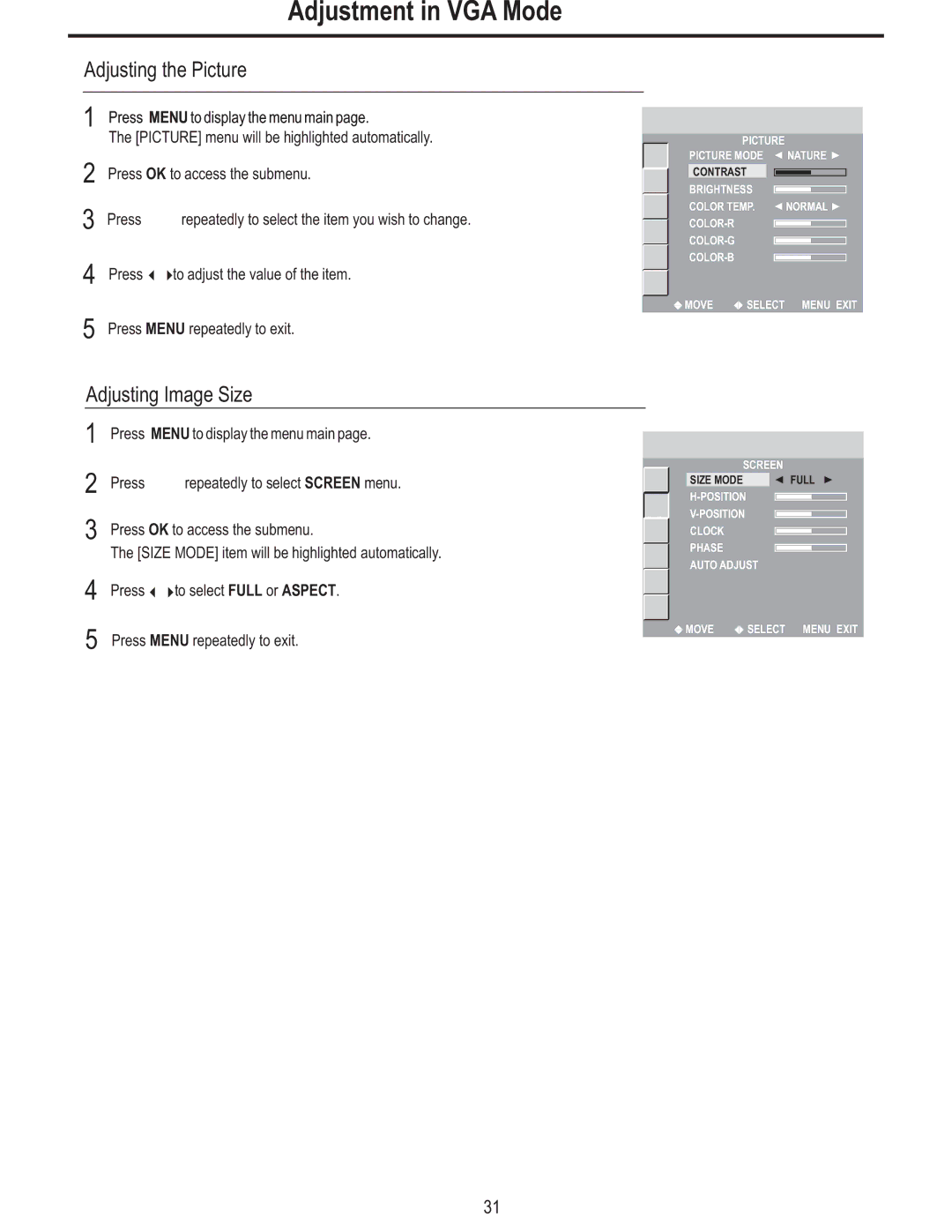 Polaroid FLM-3225 manual Adjustment in VGA Mode, Adjusting the Picture, Adjusting Image Size 