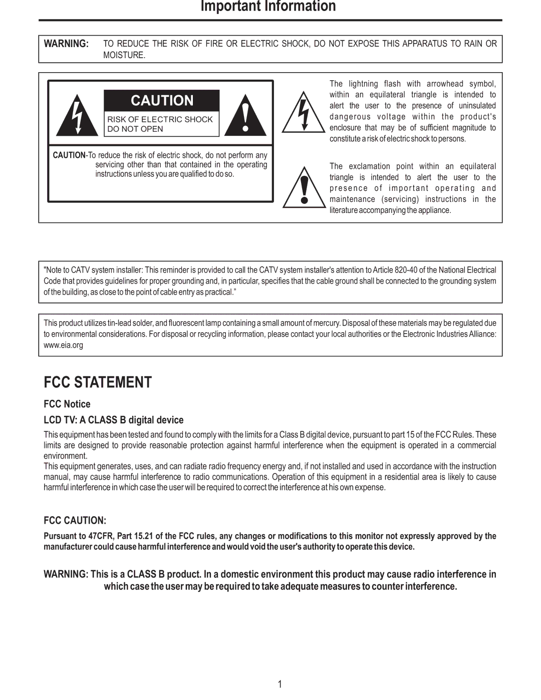 Polaroid FLM-3225 manual Important Information, FCC Notice LCD TV a Class B digital device 