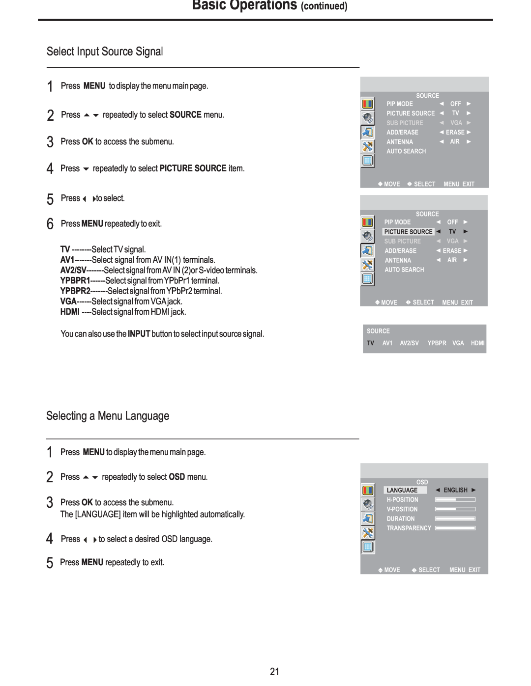 Polaroid FLM-3225 manual Basic Operations continued, Select Input Source Signal, Selecting a Menu Language 