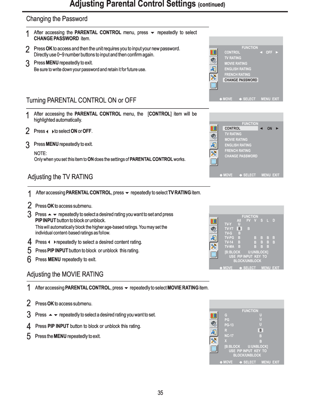 Polaroid FLM-3225 manual Changing the Password, Turning PARENTAL CONTROL ON or OFF, Adjusting the TV RATING 