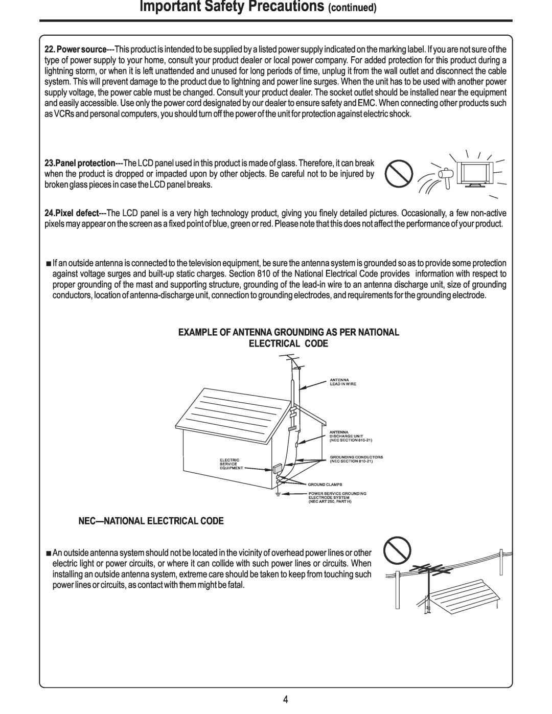 Polaroid FLM-3225 Important Safety Precautions continued, Example Of Antenna Grounding As Per National Electrical Code 