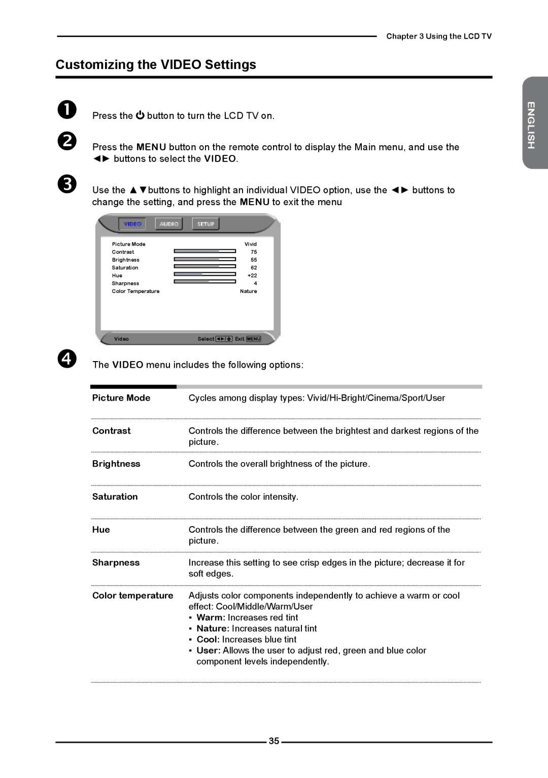 Polaroid FLM-3232 manual Customizing the Video Settings,  The Video menu includes the following options 