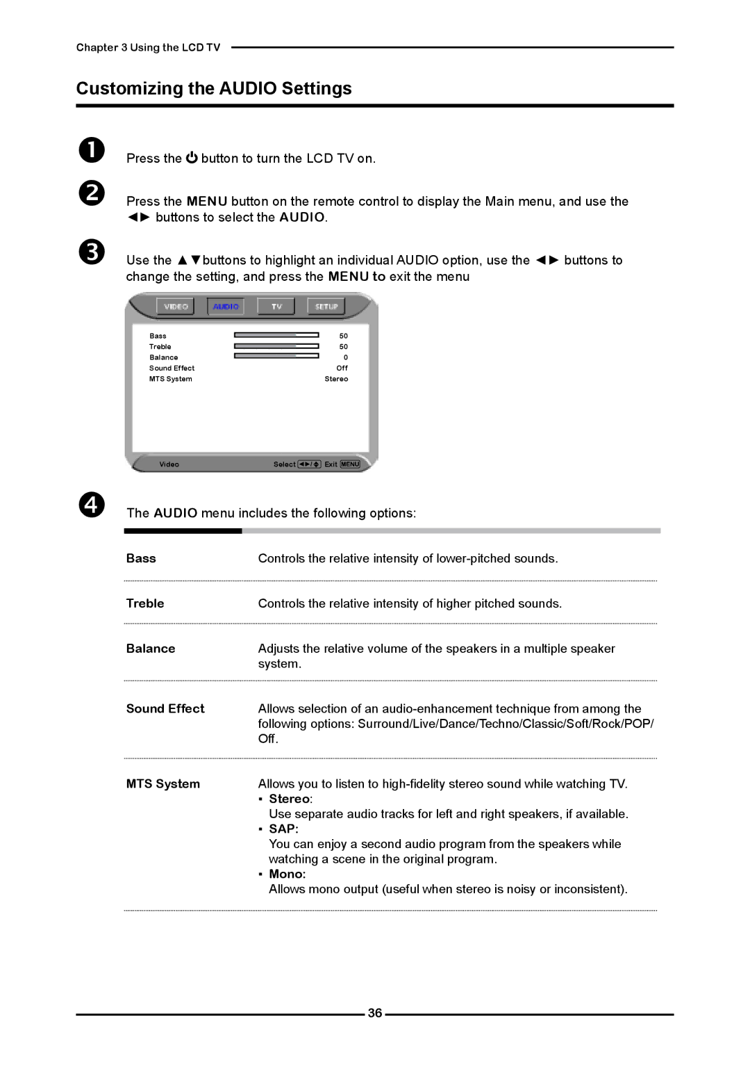 Polaroid FLM-3232 manual Customizing the Audio Settings,  The Audio menu includes the following options, Sap 