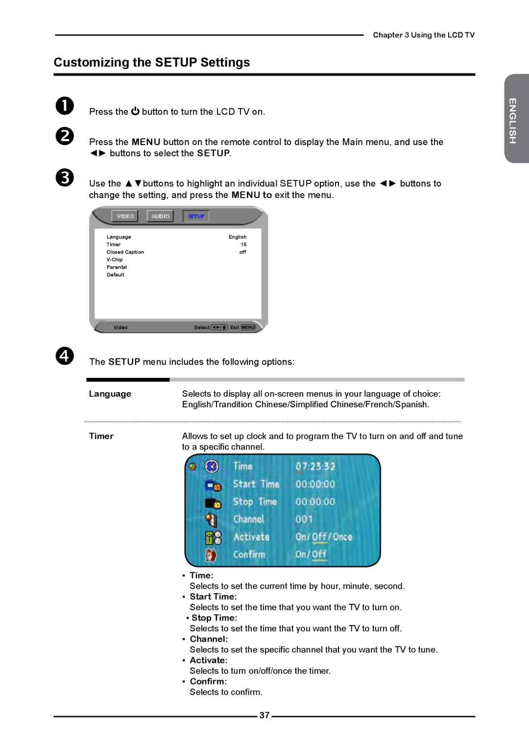 Polaroid FLM-3232 manual Customizing the Setup Settings,  The Setup menu includes the following options 