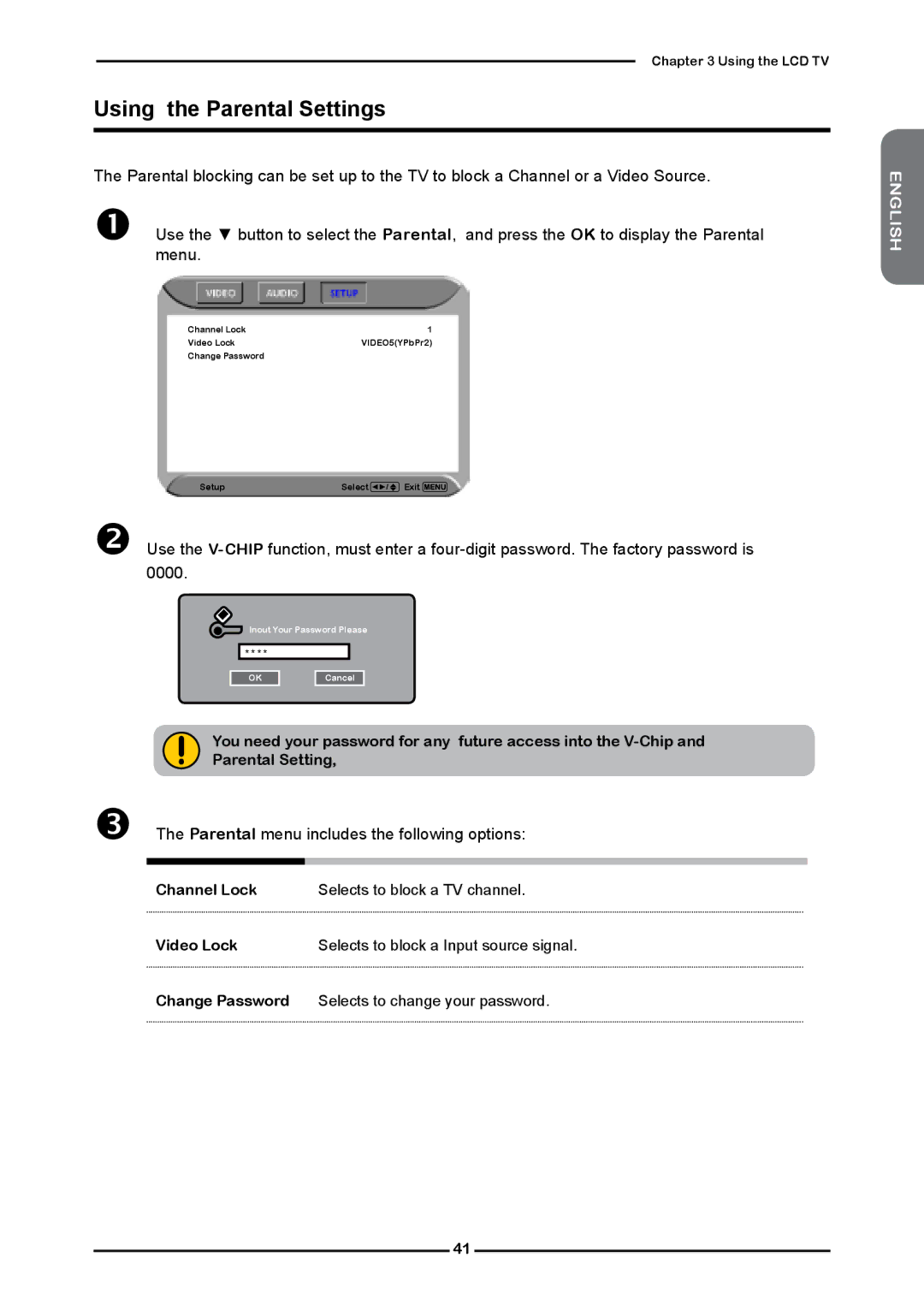 Polaroid FLM-3232 manual Using the Parental Settings,  The Parental menu includes the following options 