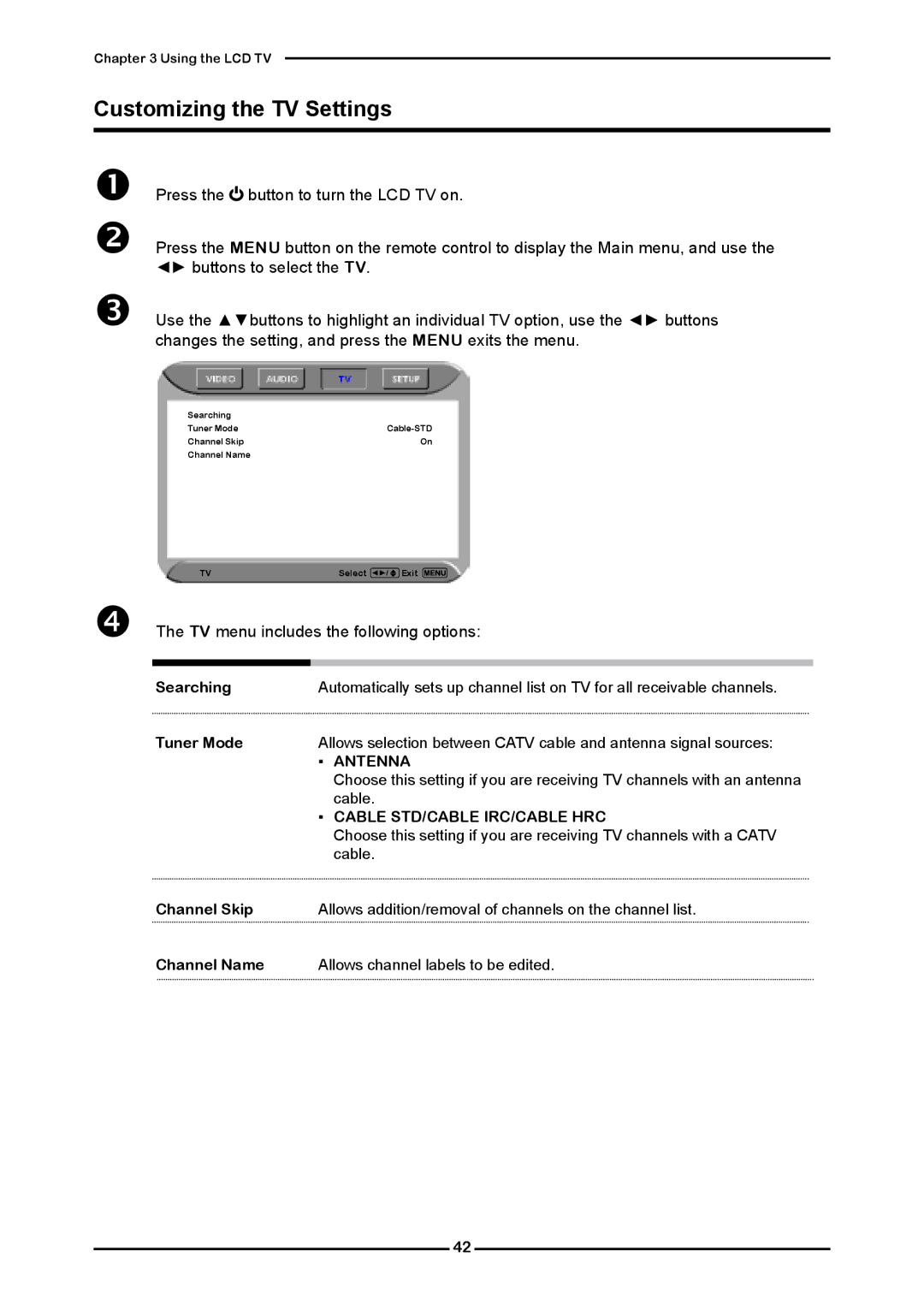 Polaroid FLM-3232 manual Customizing the TV Settings,  The TV menu includes the following options, Antenna 