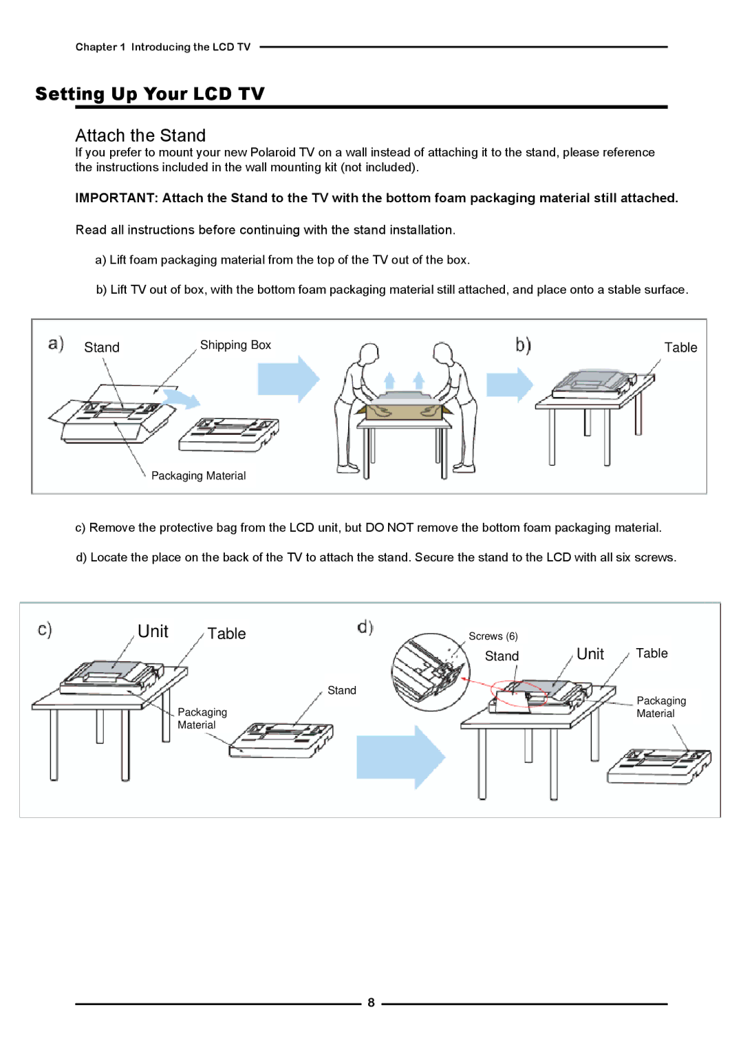 Polaroid FLM-3232 manual Setting Up Your LCD TV, Stand 