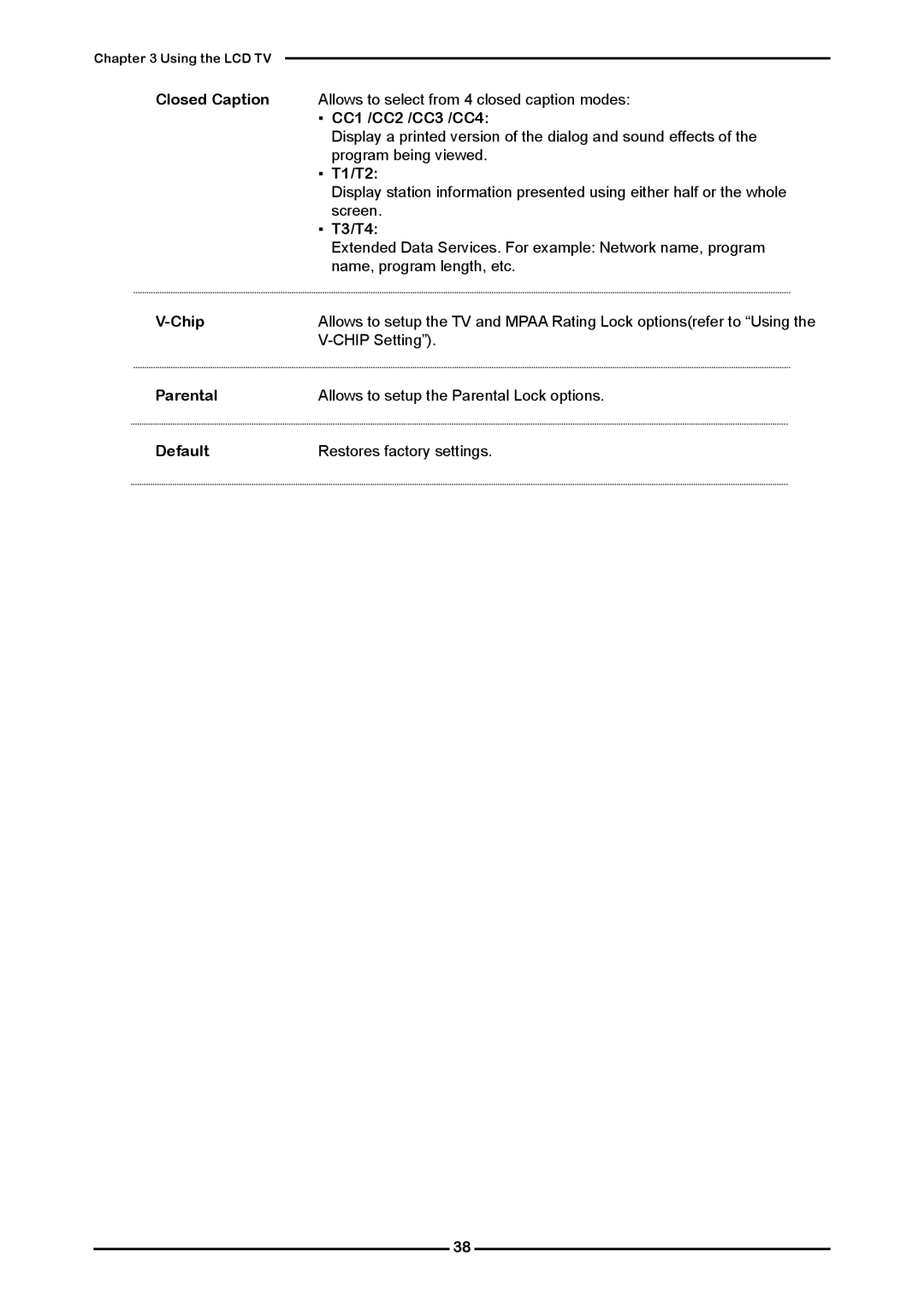 Polaroid FLM-323B manual Closed Caption, CC1 /CC2 /CC3 /CC4, T1/T2, T3/T4, Chip, Parental, Default 