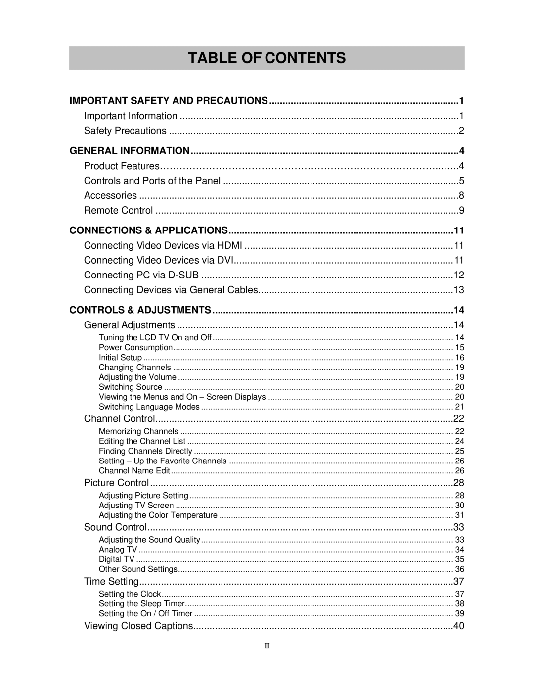 Polaroid FLM-3730TM, FLM-3230TM manual Table of Contents 