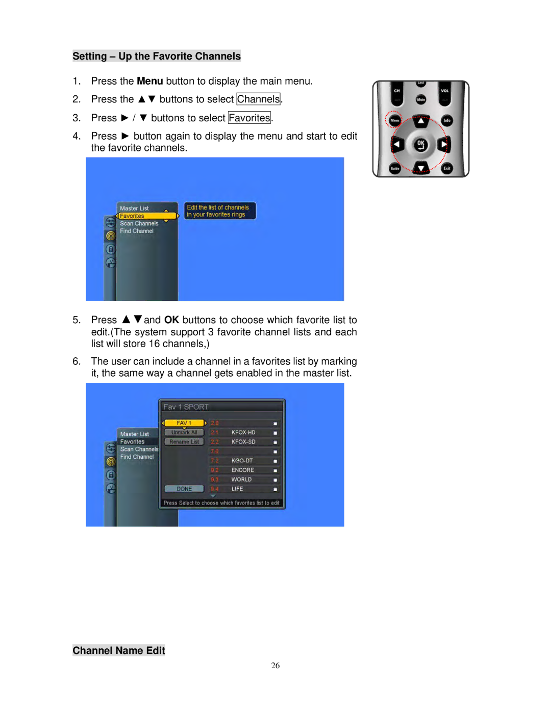 Polaroid FLM-3230TM, FLM-3730TM manual Setting Up the Favorite Channels, Channel Name Edit 