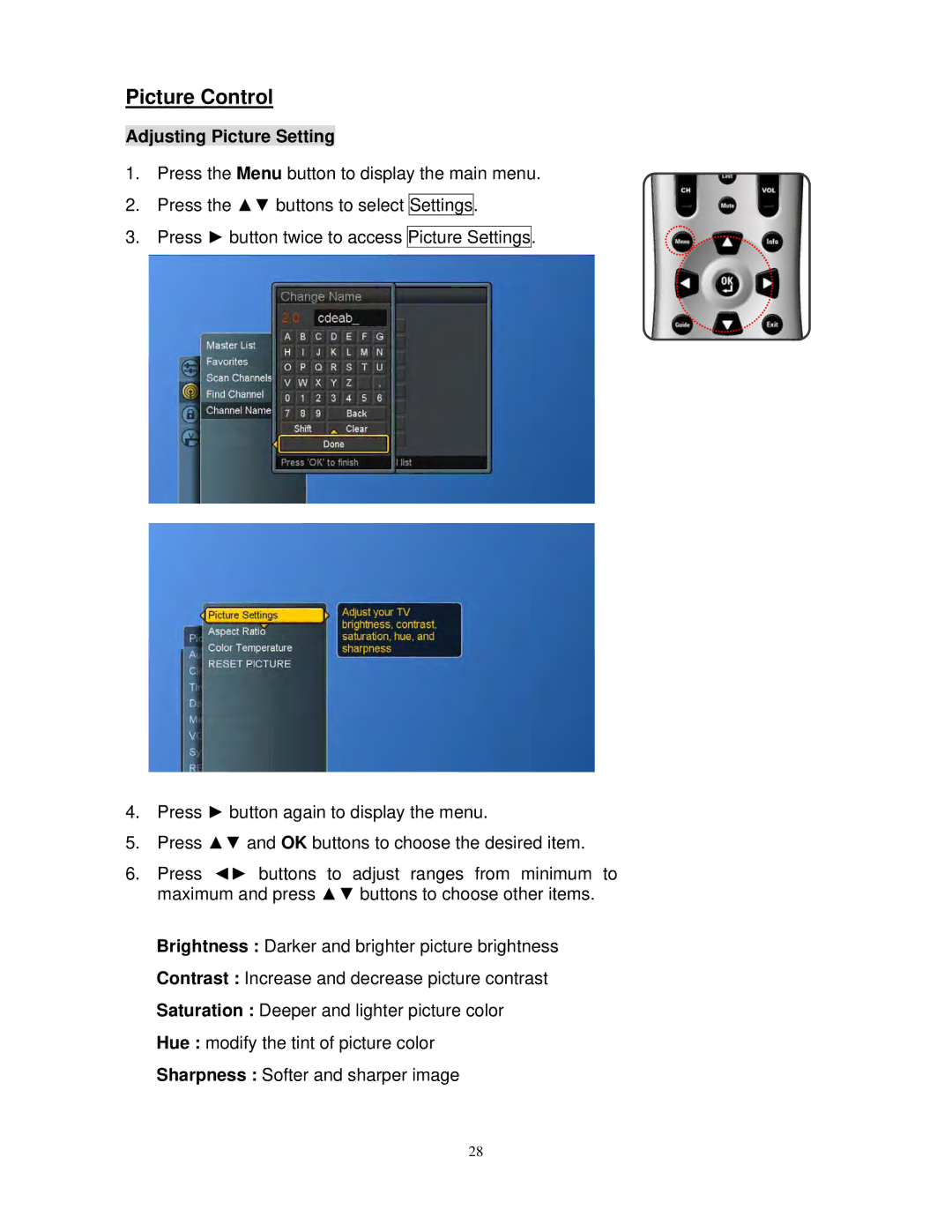 Polaroid FLM-3230TM, FLM-3730TM manual Picture Control, Adjusting Picture Setting 