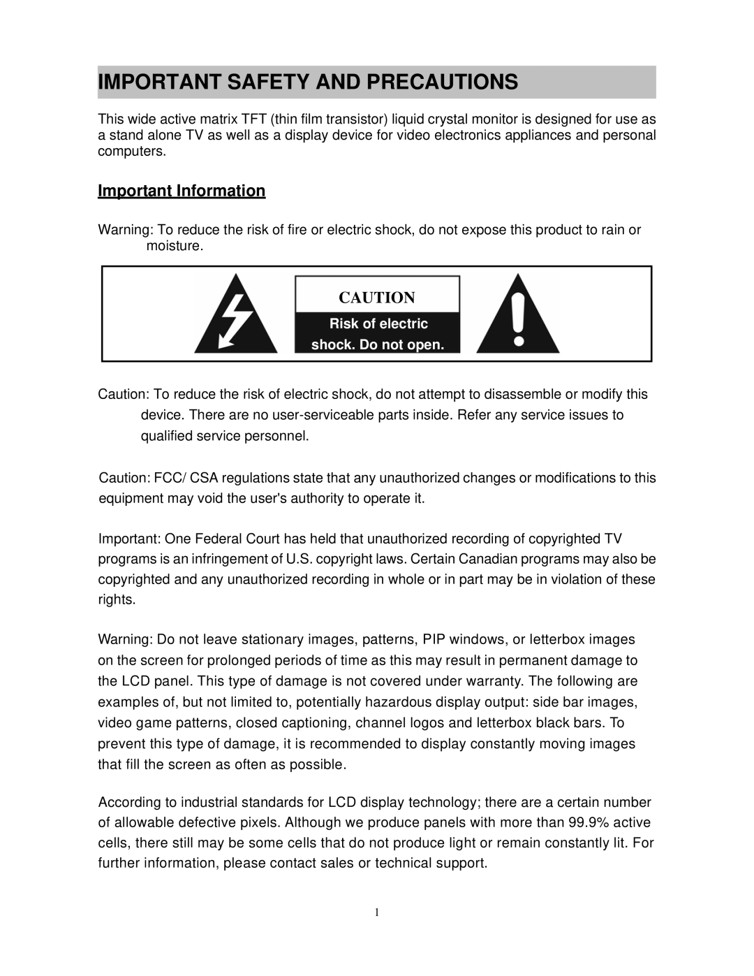 Polaroid FLM-3730TM, FLM-3230TM manual Important Safety and Precautions, Important Information 