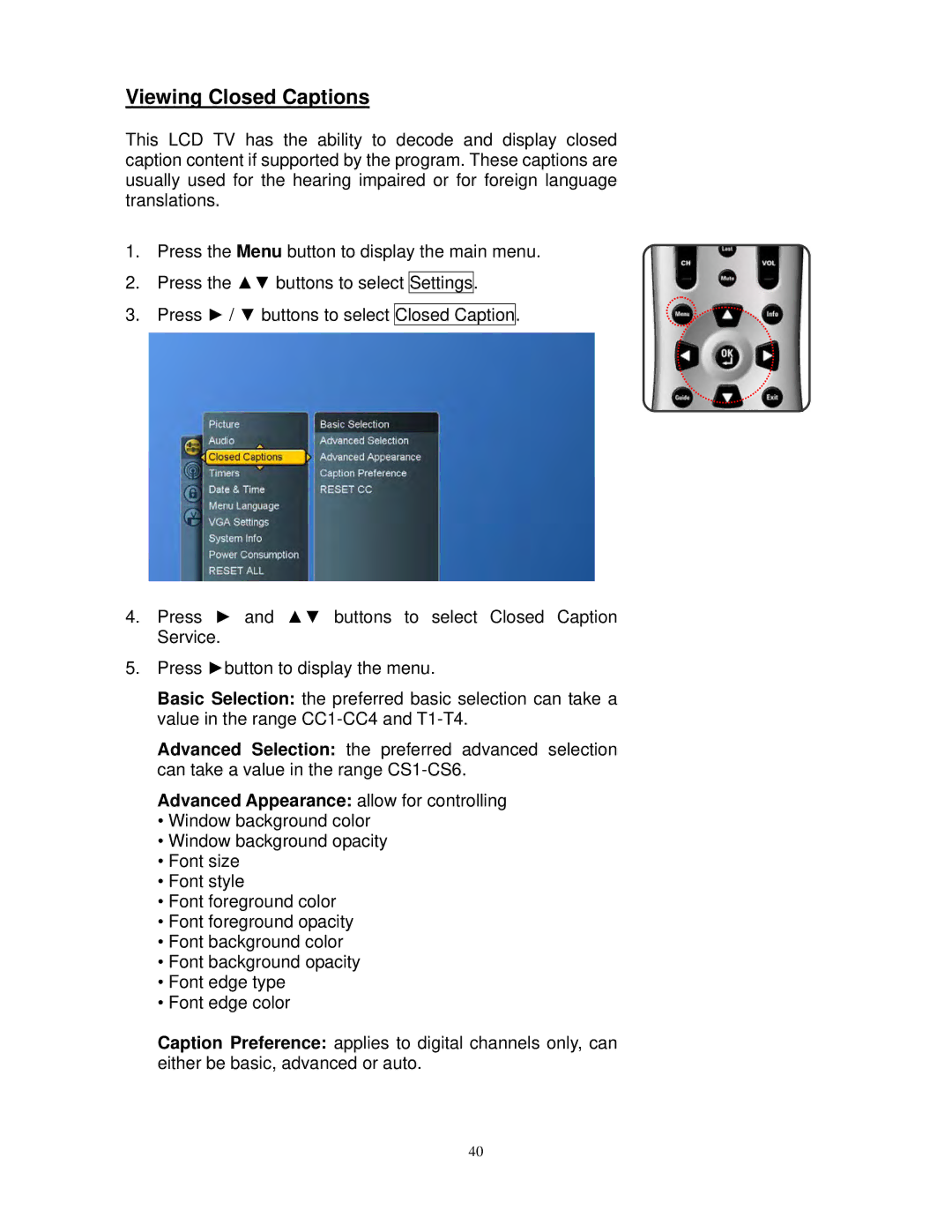 Polaroid FLM-3230TM, FLM-3730TM manual Viewing Closed Captions, Advanced Appearance allow for controlling 