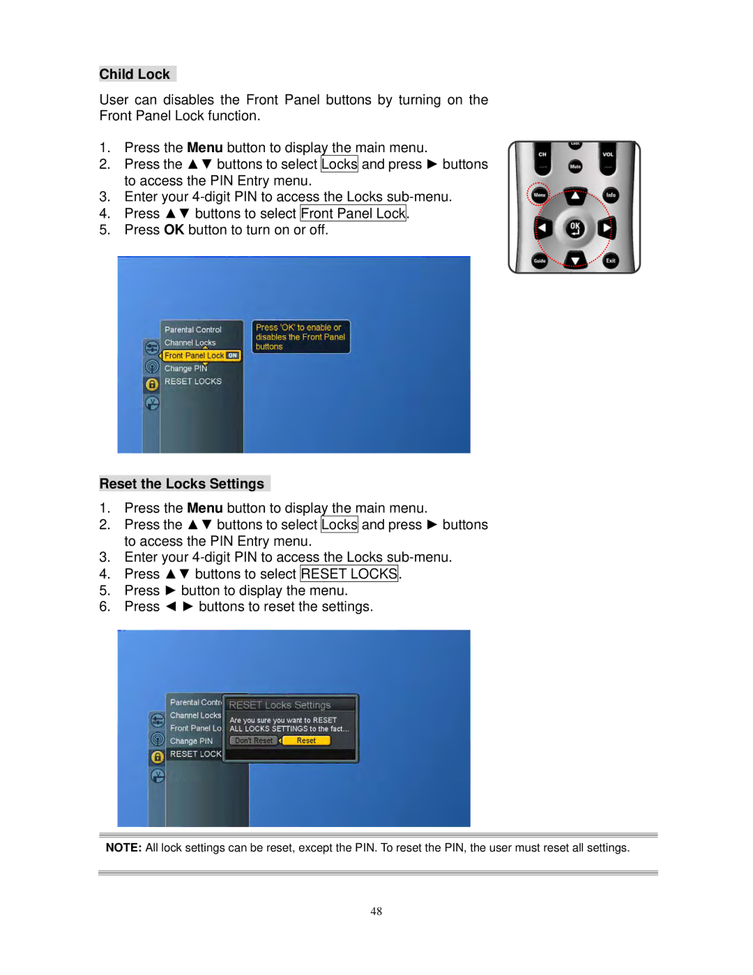 Polaroid FLM-3230TM, FLM-3730TM manual Child Lock, Reset the Locks Settings 