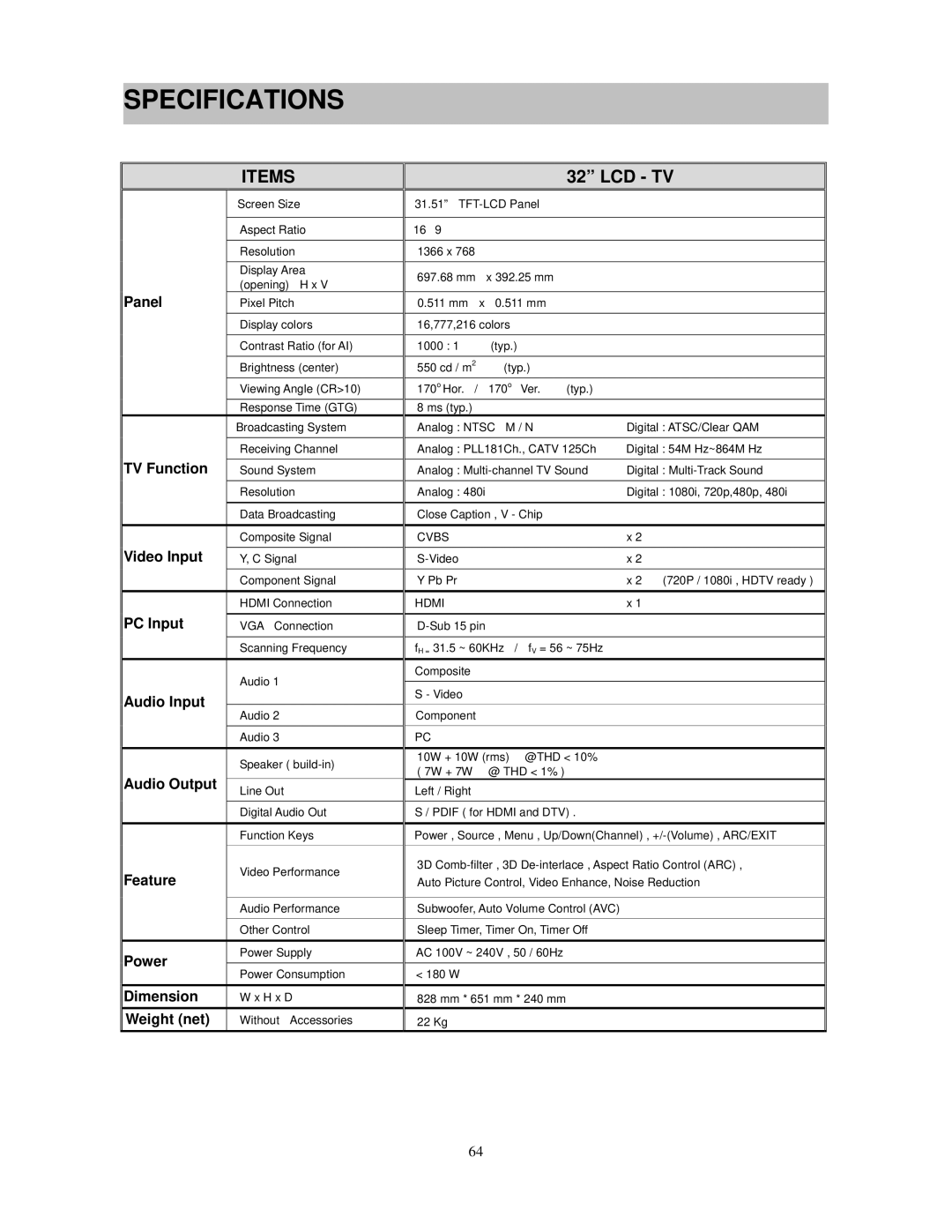 Polaroid FLM-3230TM, FLM-3730TM manual Specifications, Items, Lcd Tv 