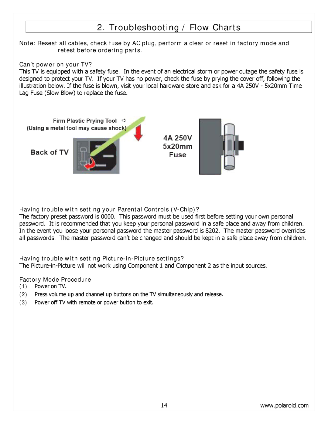 Polaroid FLM-4232HM, FLM-4034B, FLM-4234BH Troubleshooting / Flow Charts, Can’t power on your TV?, Factory Mode Procedure 