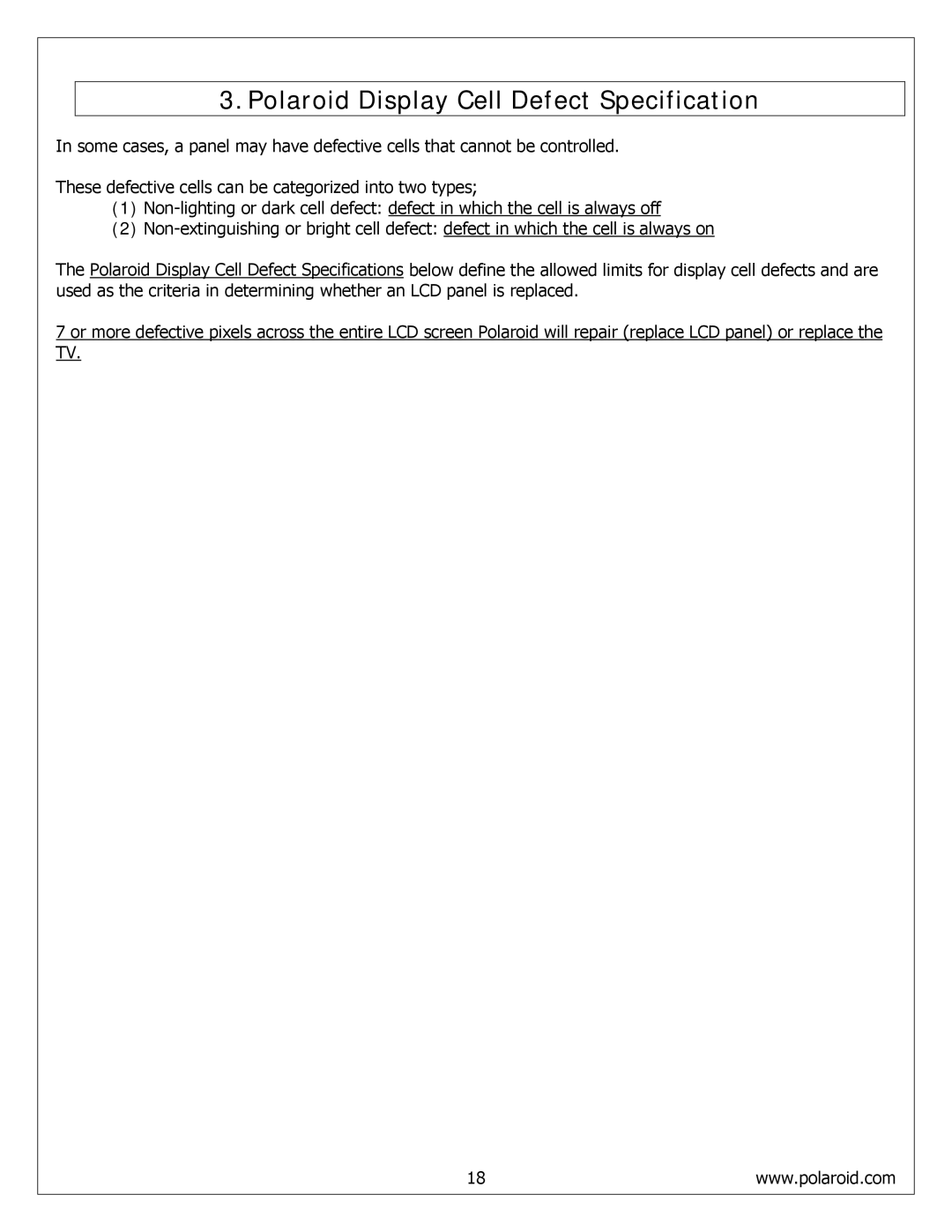 Polaroid FLM-4034B, FLM-4234BH, FLM-4232HM service manual Polaroid Display Cell Defect Specification 