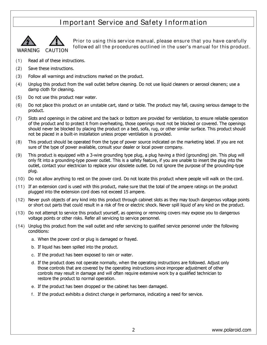 Polaroid FLM-4232HM, FLM-4034B, FLM-4234BH service manual Important Service and Safety Information 