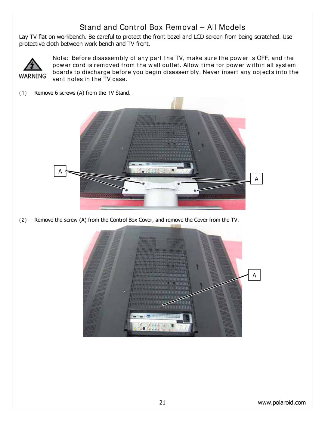 Polaroid FLM-4034B, FLM-4234BH, FLM-4232HM service manual Stand and Control Box Removal All Models 