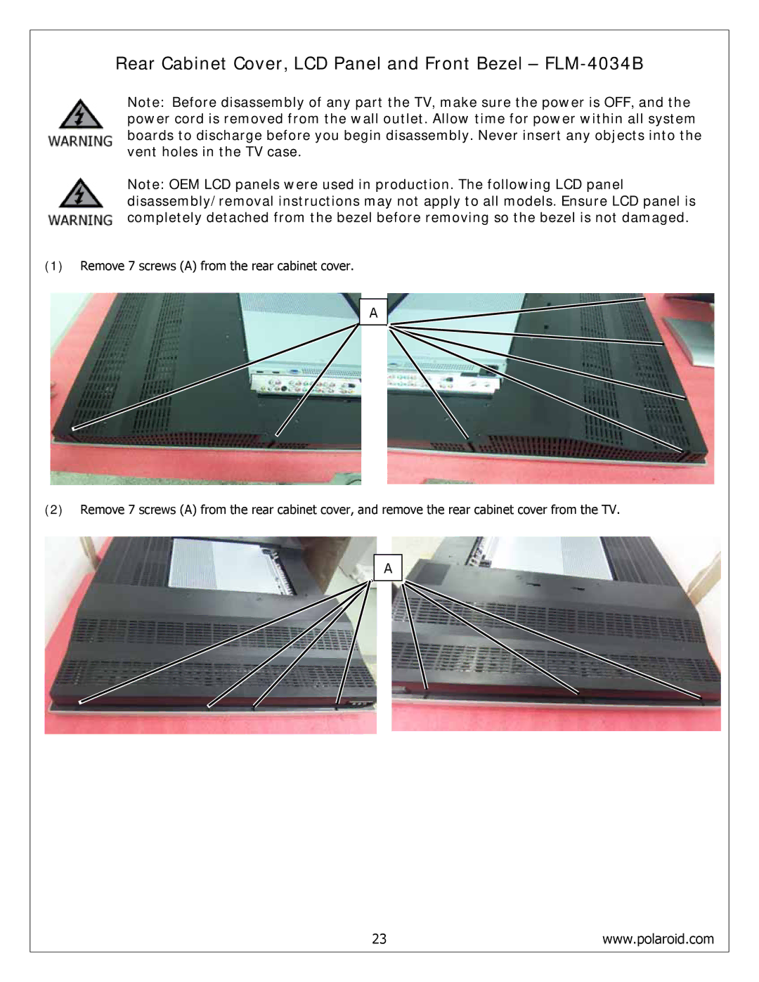 Polaroid FLM-4232HM, FLM-4234BH service manual Rear Cabinet Cover, LCD Panel and Front Bezel FLM-4034B 