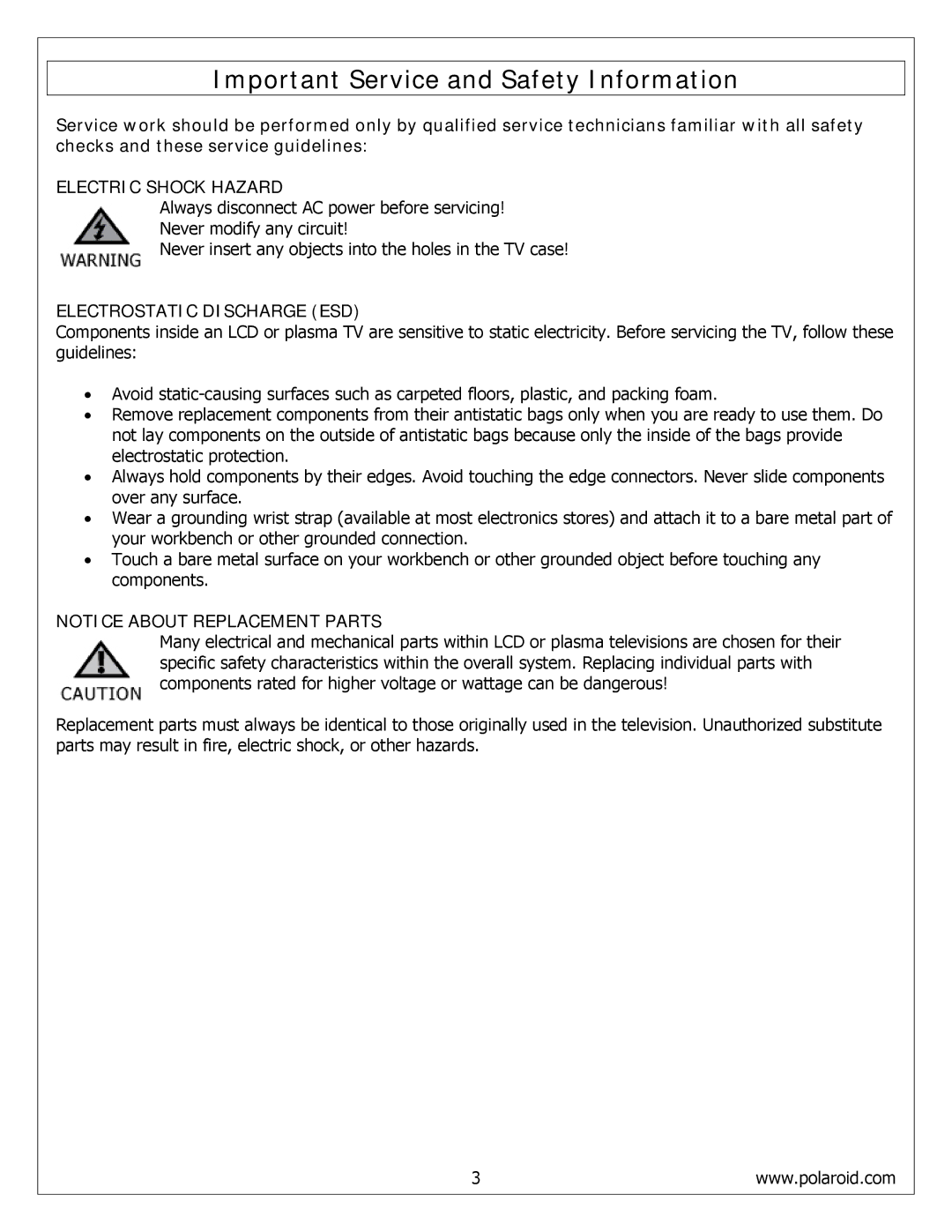 Polaroid FLM-4034B, FLM-4234BH, FLM-4232HM service manual Electric Shock Hazard 