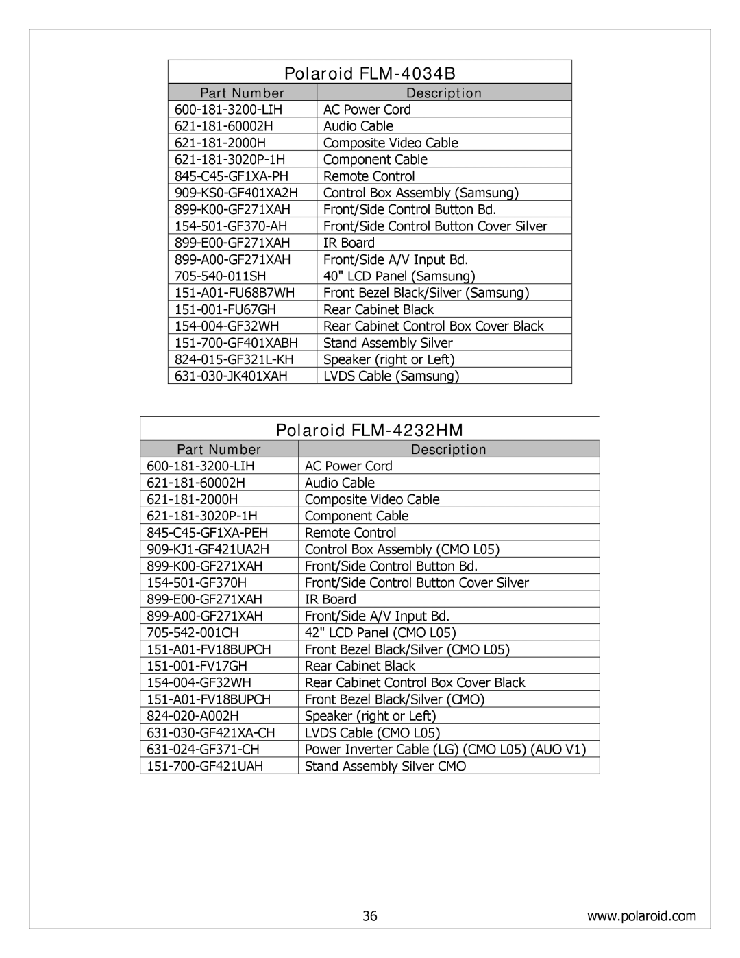 Polaroid FLM-4234BH service manual Polaroid FLM-4034B, Polaroid FLM-4232HM, Part Number Description 