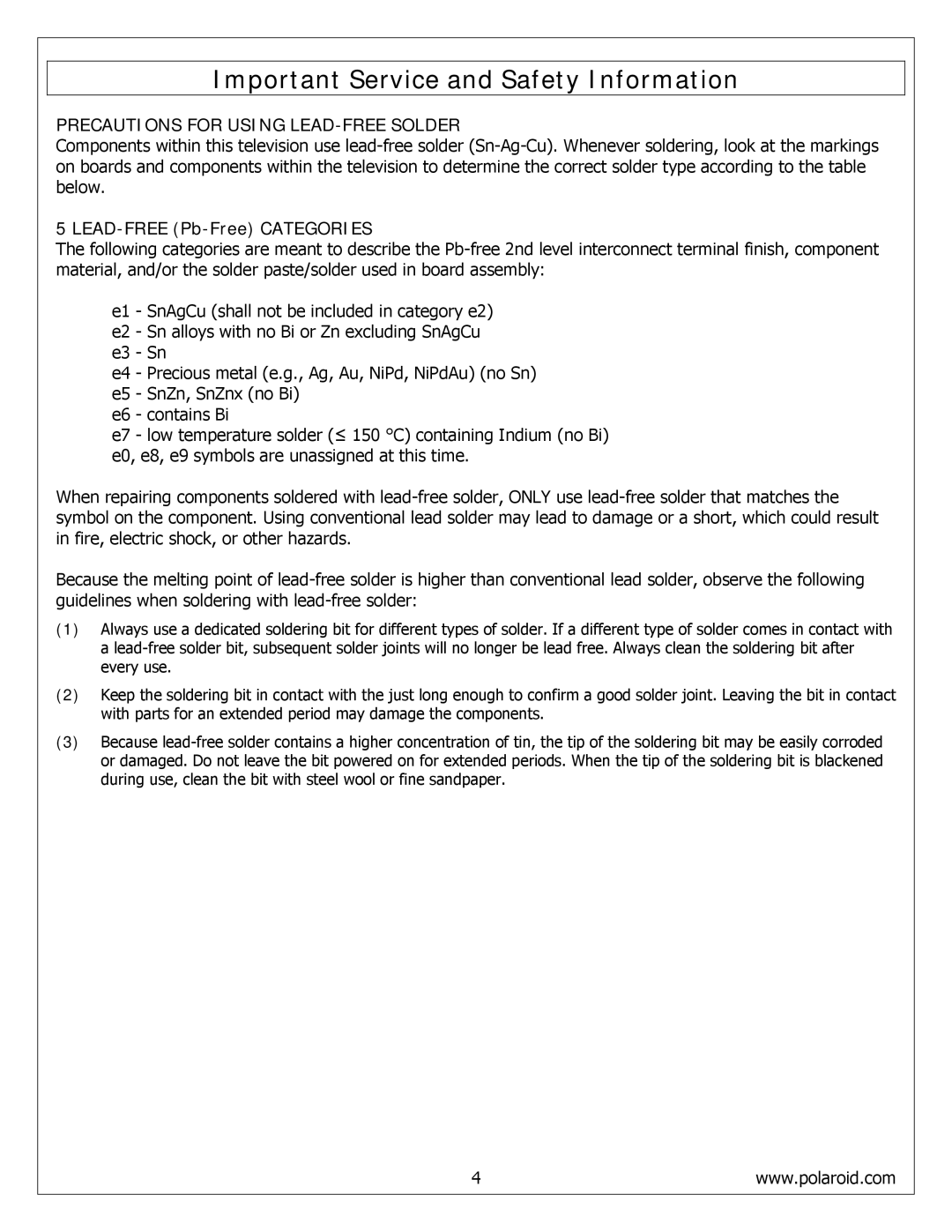 Polaroid FLM-4234BH, FLM-4034B, FLM-4232HM Precautions for Using LEAD-FREE Solder, LEAD-FREE Pb-Free Categories 