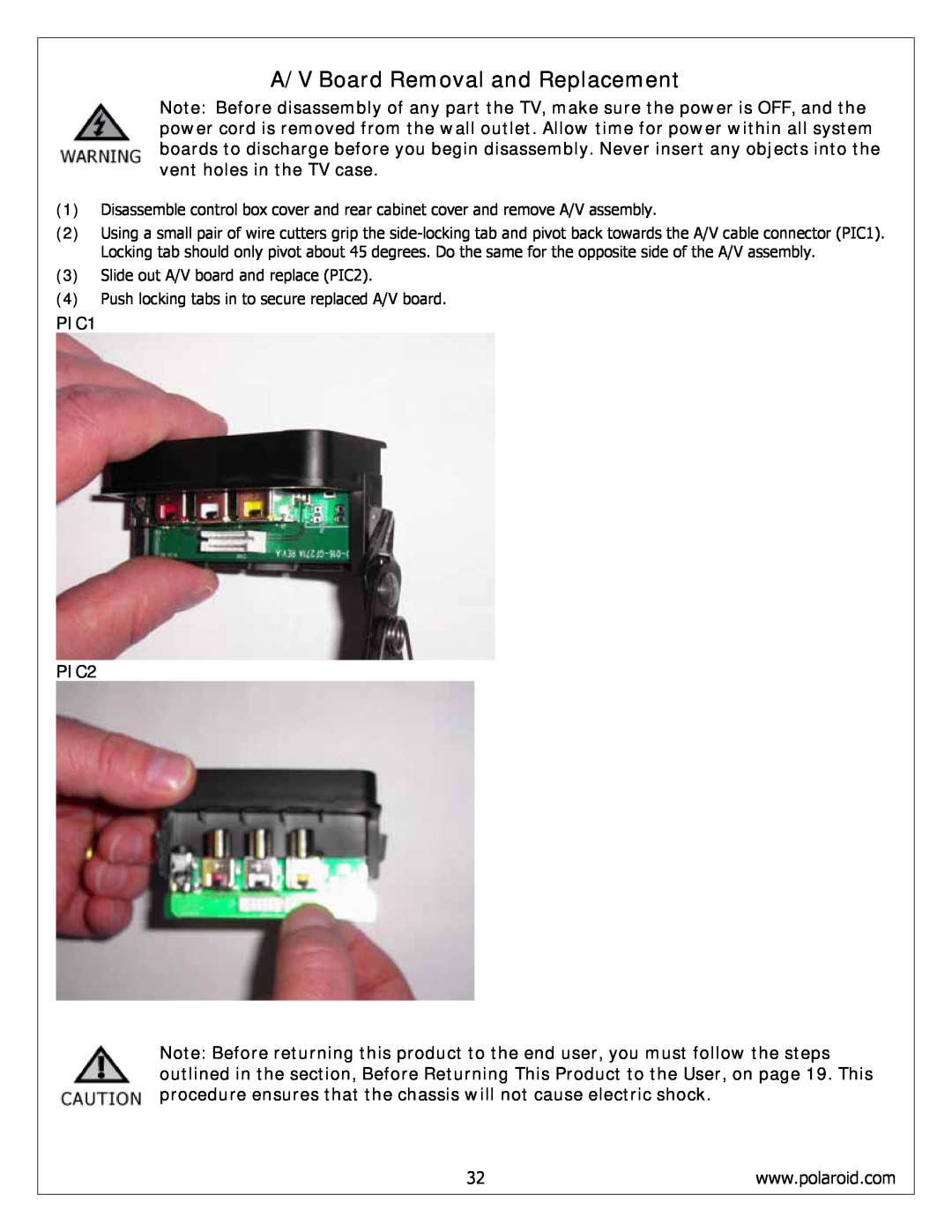 Polaroid FLM-4232HM, FLM-4034B, FLM-4234BH service manual A/V Board Removal and Replacement 