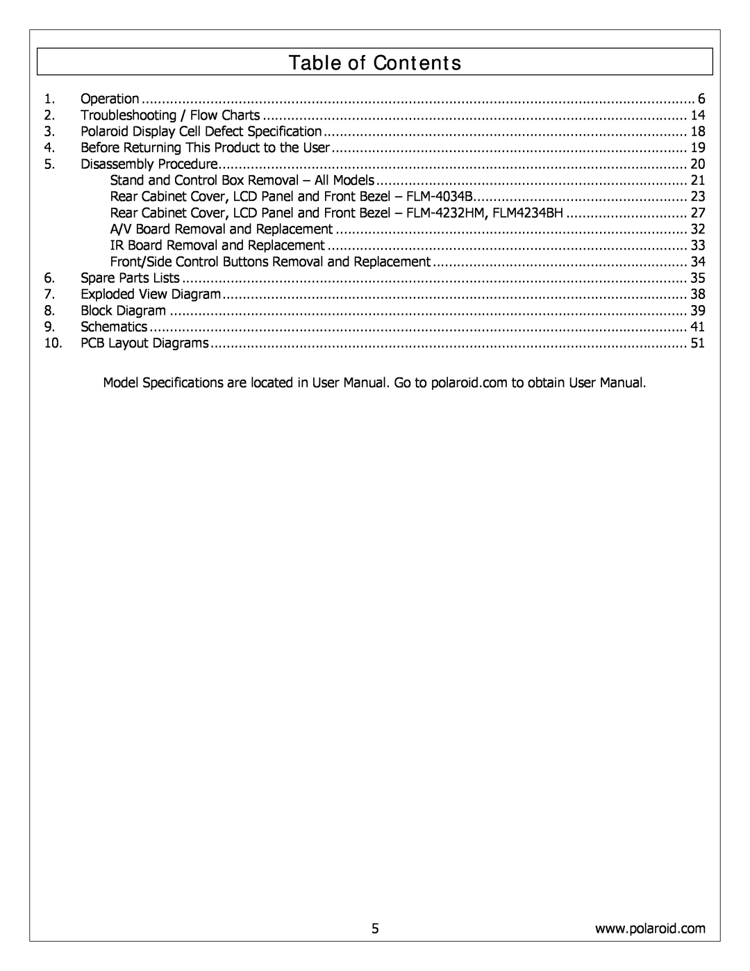 Polaroid FLM-4232HM, FLM-4034B, FLM-4234BH service manual Table of Contents 