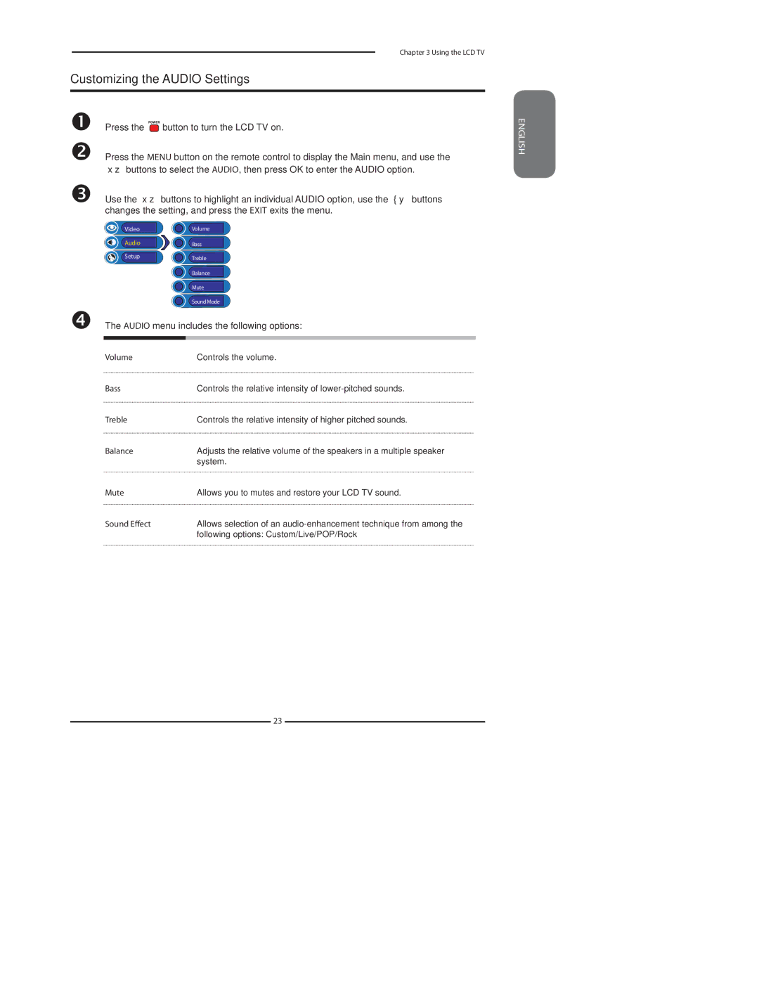 Polaroid FLU-1911S manual Customizing the Audio Settings, Audio menu includes the following options 