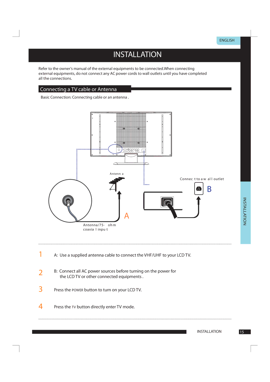 Polaroid FLU-1911SA manual Installation, Connecting a TV cable or Antenna 