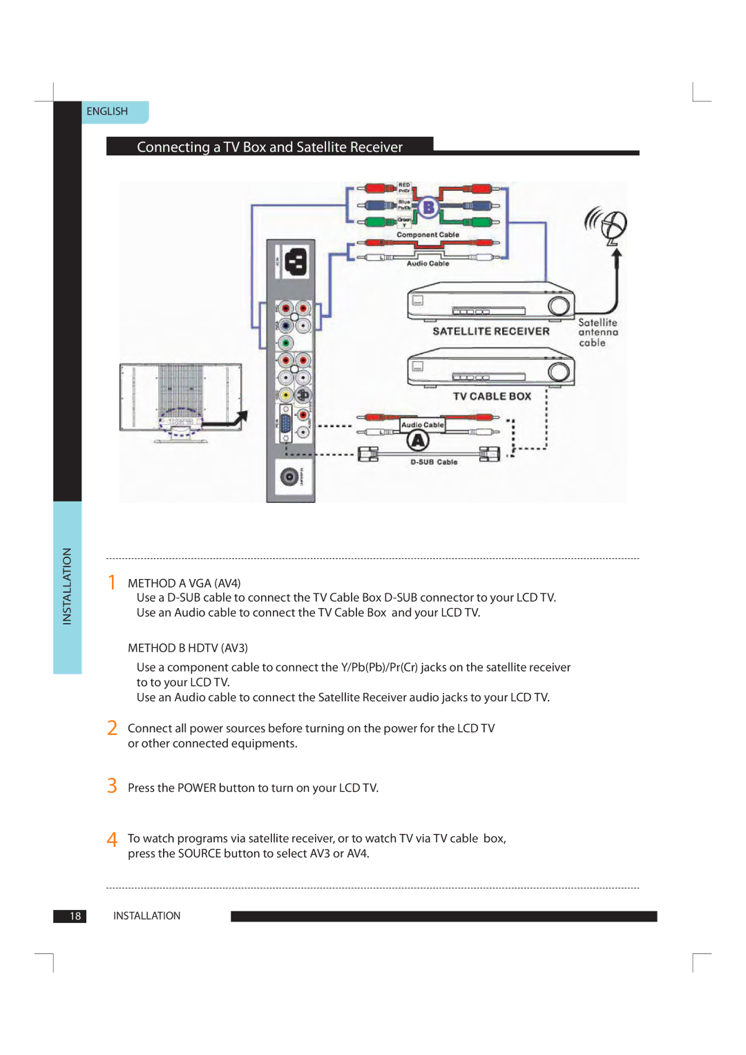 Polaroid FLU-1911SA manual Connecting a TV Box and Satellite Receiver, Method a VGA AV4 