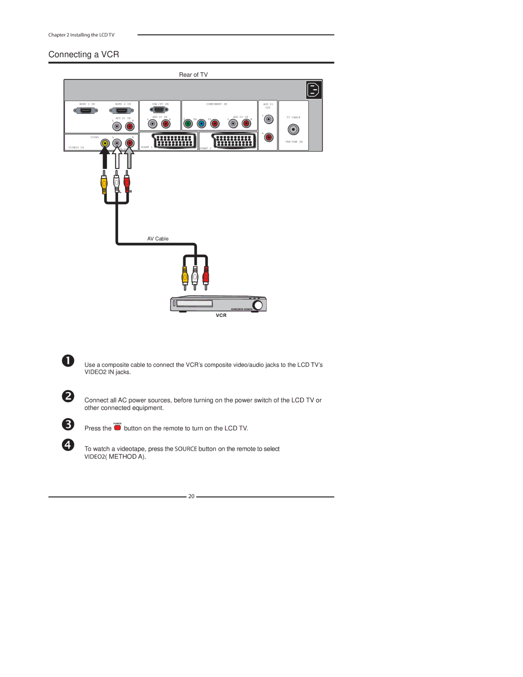 Polaroid FLU-3232D, FLU-3232I, FLU-3732D, FLU-4232D, FLU-2632D, FLU-2632I manual Connecting a VCR, Rear of TV 