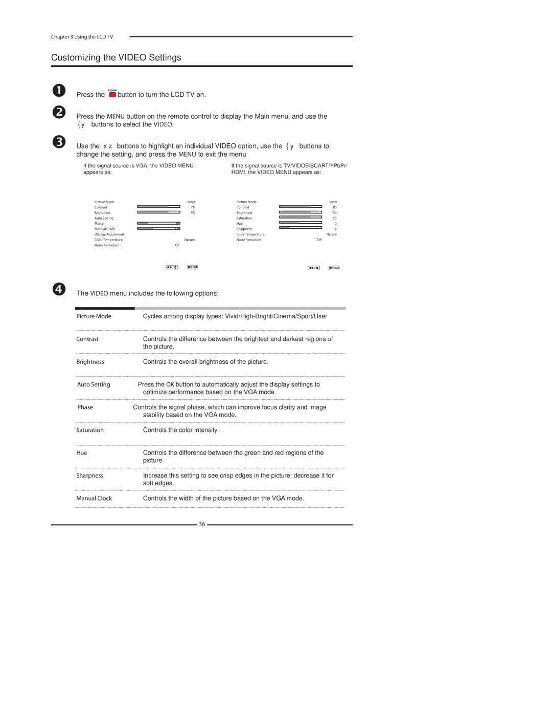 Polaroid FLU-3232D, FLU-2632, FLU-3232I, FLU-3732D Customizing the Video Settings, Video menu includes the following options 