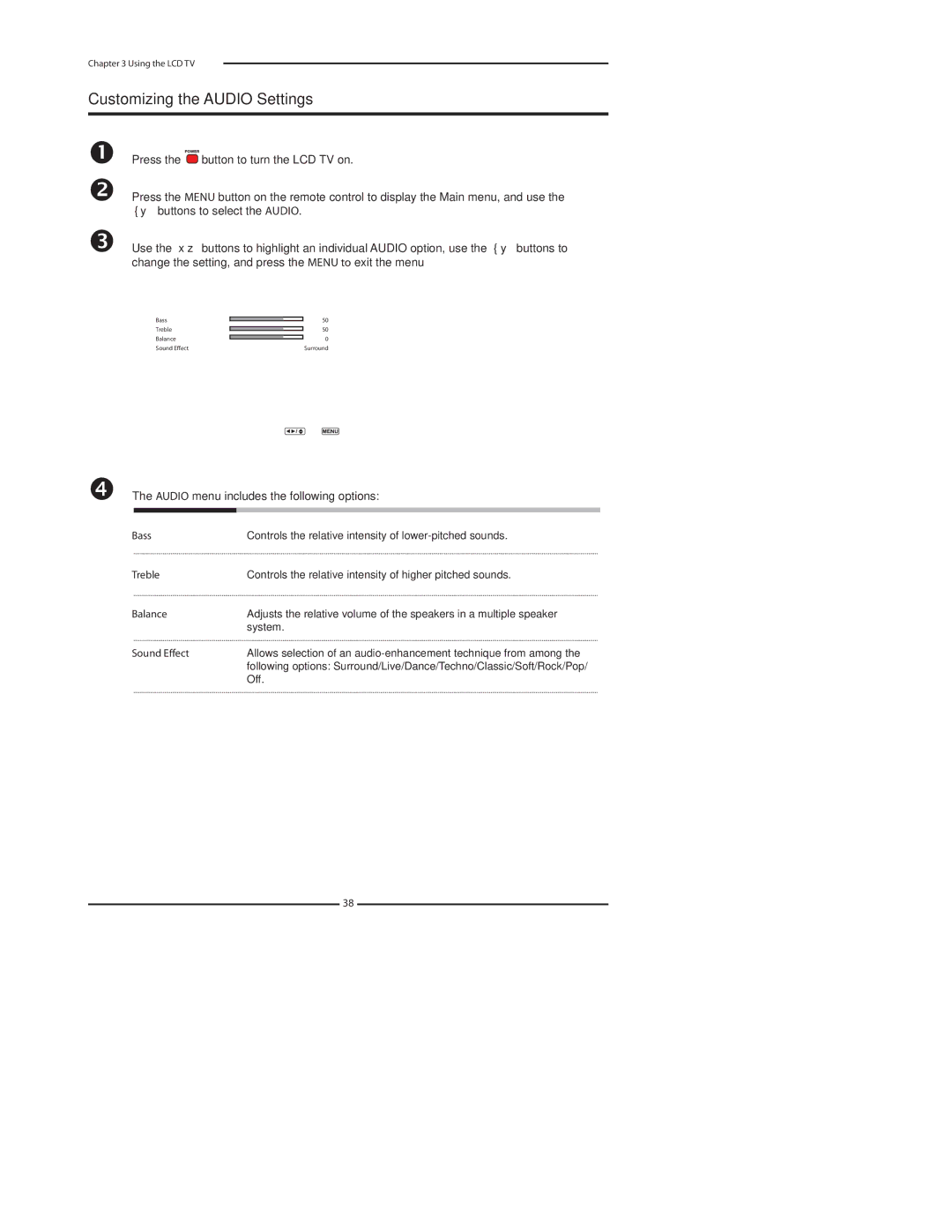 Polaroid FLU-2632I, FLU-3232I, FLU-3732D manual Customizing the Audio Settings, Audio menu includes the following options 