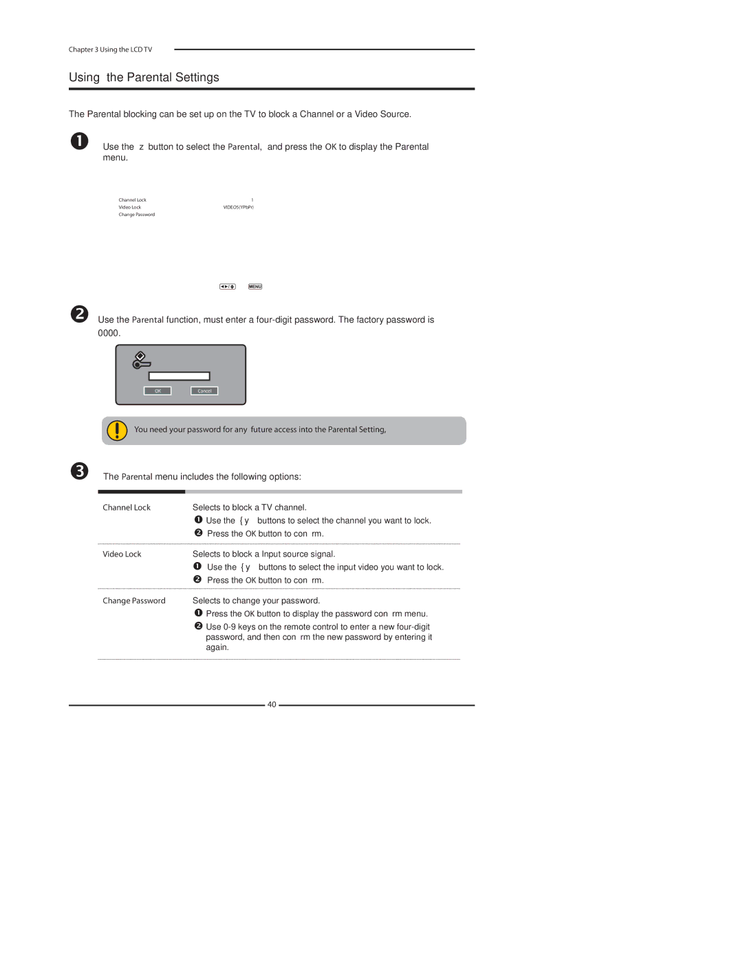 Polaroid FLU-2632, FLU-3232I, FLU-3732D, FLU-4232D Using the Parental Settings, Parental menu includes the following options 