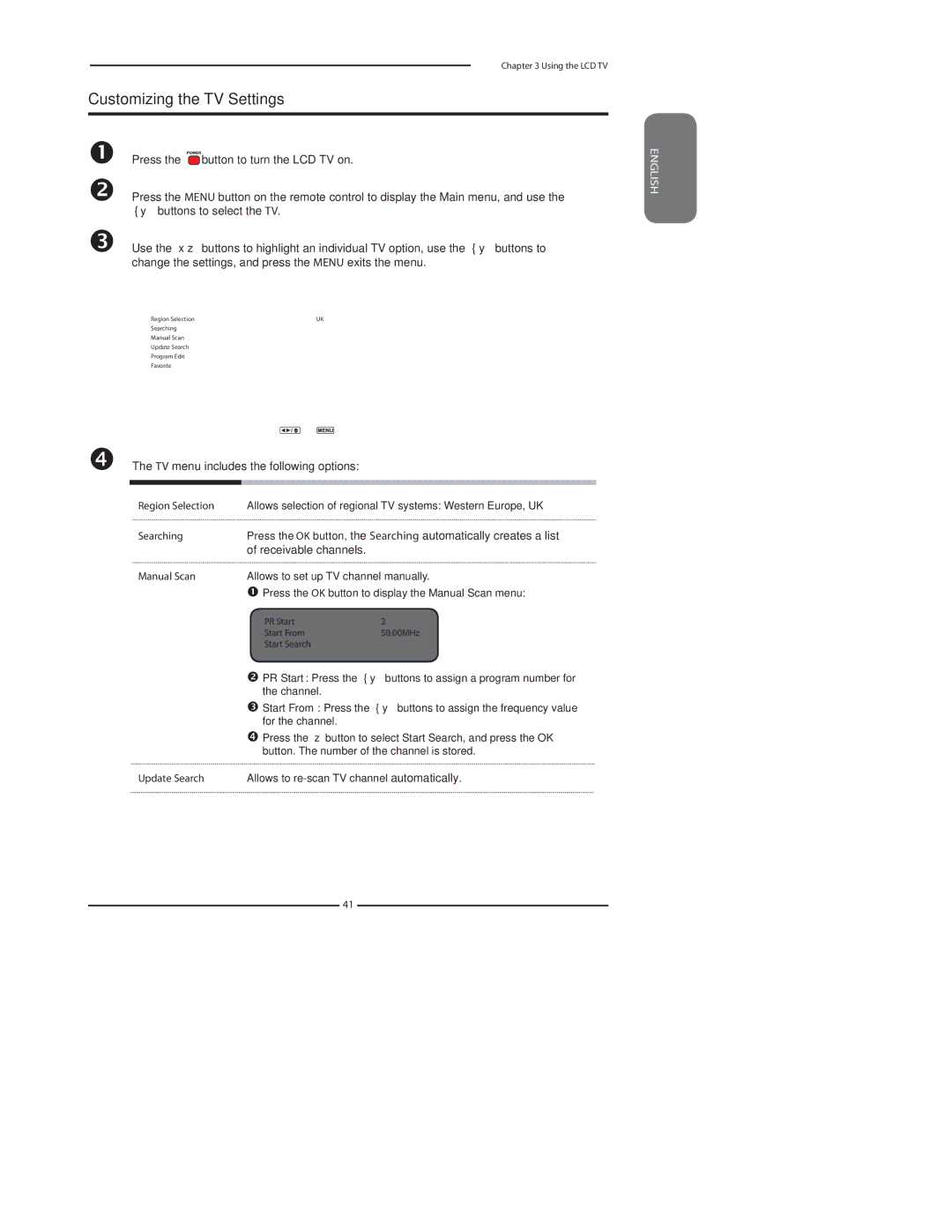 Polaroid FLU-3232I, FLU-2632 manual Customizing the TV Settings, TV menu includes the following options, Receivable channels 