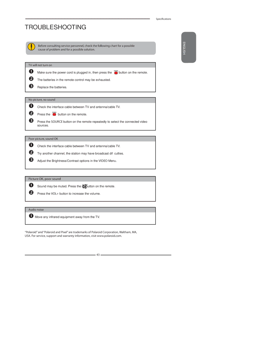 Polaroid FLU-4232D, FLU-3232I, FLU-3732D, FLU-3232D, FLU-2632D, FLU-2632I manual Troubleshooting, Picture OK, poor sound 