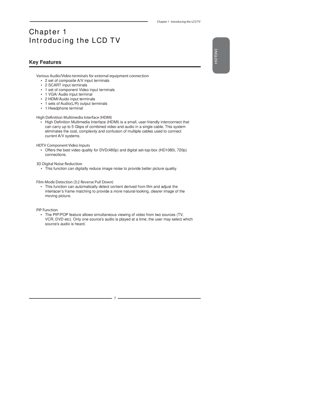 Polaroid FLU-3232I, FLU-3732D, FLU-4232D, FLU-3232D, FLU-2632D, FLU-2632I Chapter Introducing the LCD TV, Key Features 