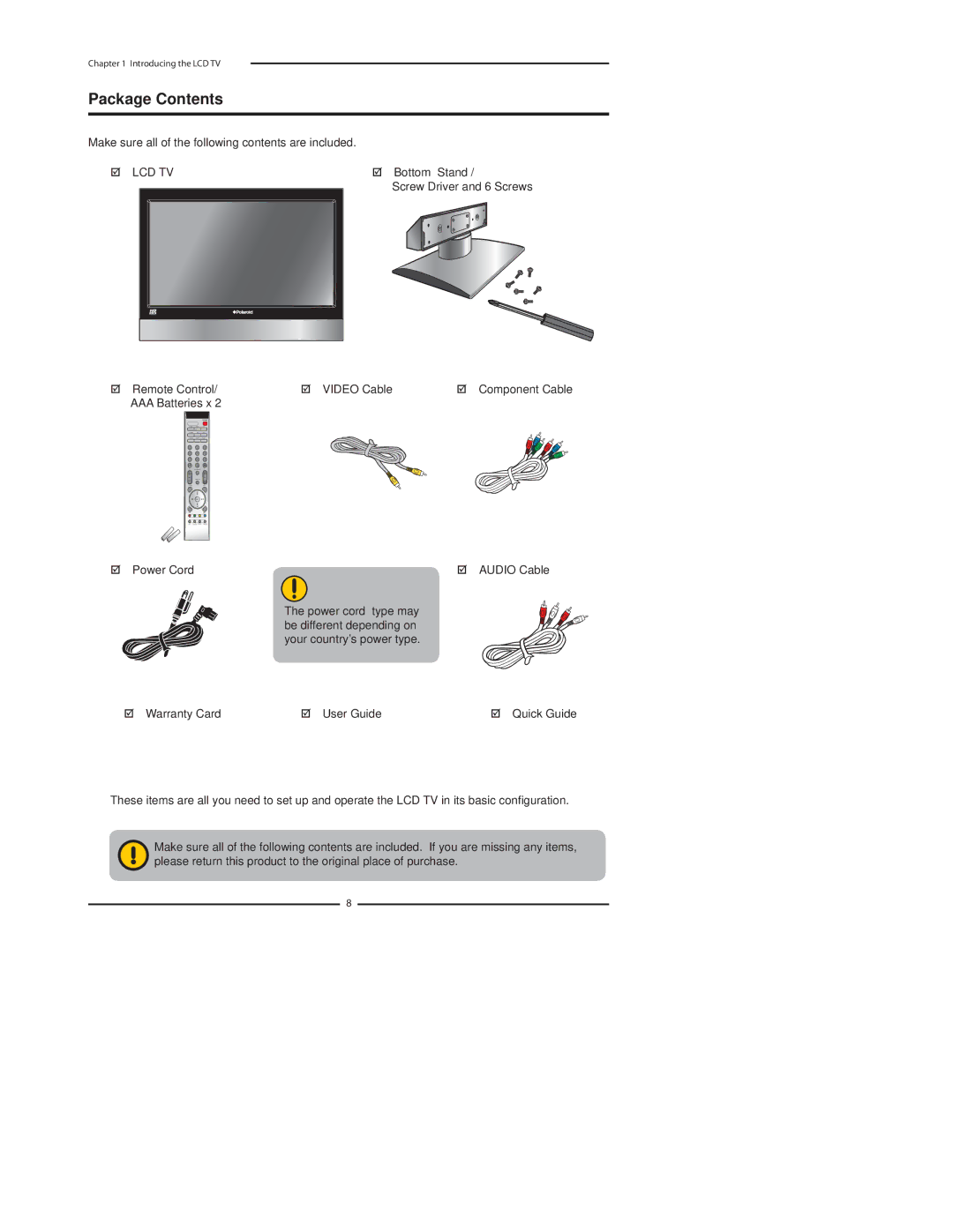 Polaroid FLU-3232I, FLU-3732D, FLU-4232D, FLU-3232D, FLU-2632D, FLU-2632I manual Package Contents 