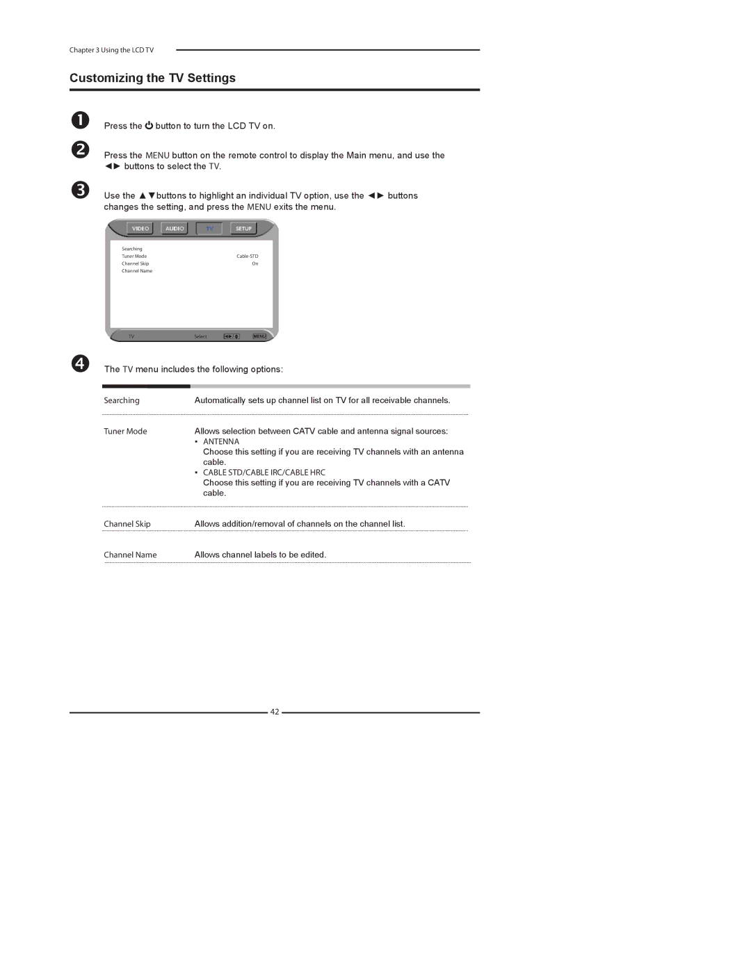 Polaroid FLX-3702, FLX-2602, FLX-3202 manual Customizing the TV Settings, TV menu includes the following options, Antenna 